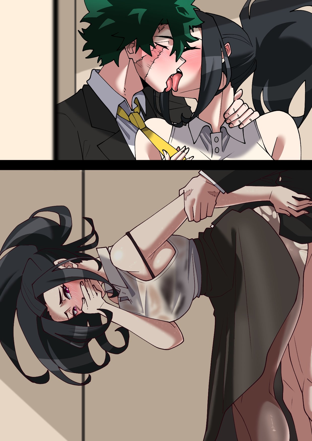 green bean 1498, midoriya izuku, yaoyorozu momo, boku no hero academia, commentary, english commentary, highres, 1boy, 1girl, black hair, blush, doggystyle, fishnet pantyhose, fishnets, formal clothes, kiss, long hair, office lady, pantyhose, sex, sex from behind, skirt