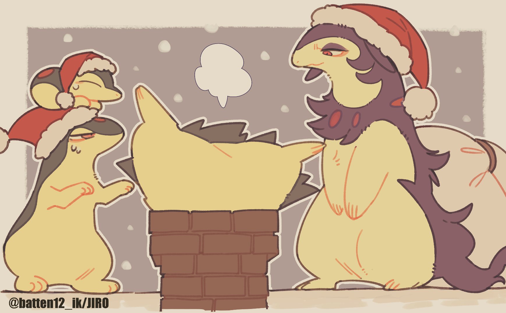 mamebato, cyndaquil, hisuian typhlosion, quilava, typhlosion, nintendo, pokemon, highres, animal hands, artist name, bag, brick, chimney, christmas, gen 2 pokemon, hat, huffing, looking at another, looking down, no humans, pokemon (creature), rooftop, santa hat, snow, snowing, stuck, swea, sweatdrop