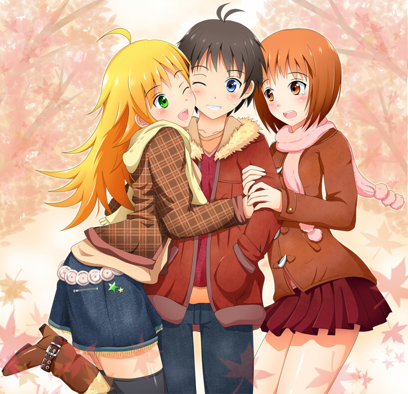 kinayuu, hagiwara yukiho, hoshii miki, kikuchi makoto, idolmaster, idolmaster (classic), bad id, bad pixiv id, 00s, 3girls, ahoge, androgynous, antenna hair, black hair, blue eyes, blush, boots, brown hair, casual, cheek-to-cheek, denim, denim skirt, green eyes, heads together, long hair, multiple girls, one eye closed, open mouth, reverse trap, short hair, skirt, smile, tears, thighhighs, wink, zettai ryouiki