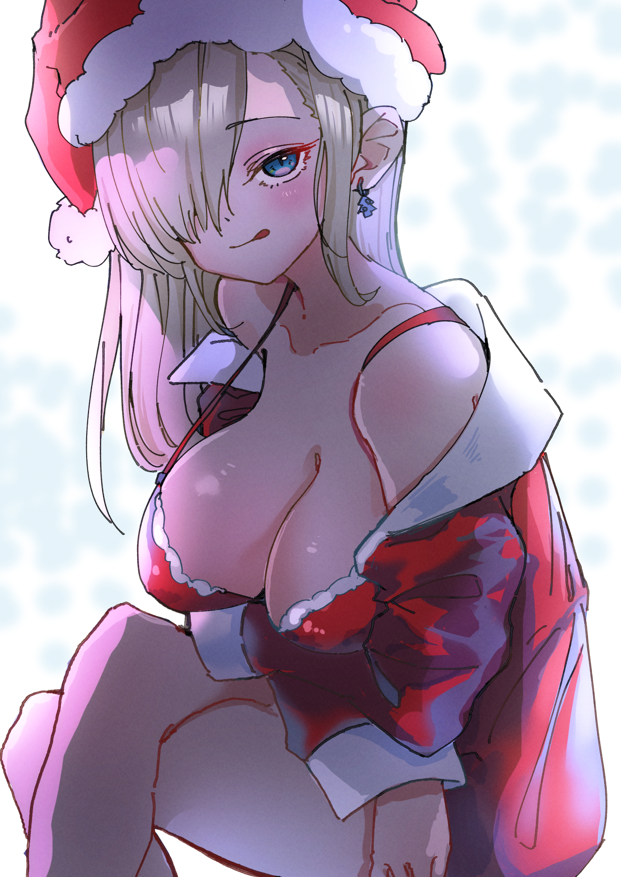 ayasakimako, asuna (blue archive), blue archive, commentary request, highres, 1girl, bare shoulders, bikini, blonde hair, blue eyes, blush, breasts, cleavage, collarbone, crossed legs, earrings, hair over one eye, hat, jacket, jewelry, large breasts, long hair, looking at another, red bikini, red jacket, santa bikini, santa costume, santa hat, sitting, smile, solo, swimsuit, thighs, tongue, tongue out, very long hair