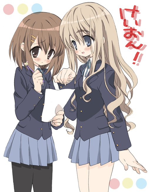 nazuna (al4), nazuna (artist), hirasawa yui, kotobuki tsumugi, k-on!, 00s, 2girls, blonde hair, blue eyes, brown eyes, brown hair, long hair, mechanical pencil, multiple girls, pantyhose, paper, pencil, school uniform, short hair