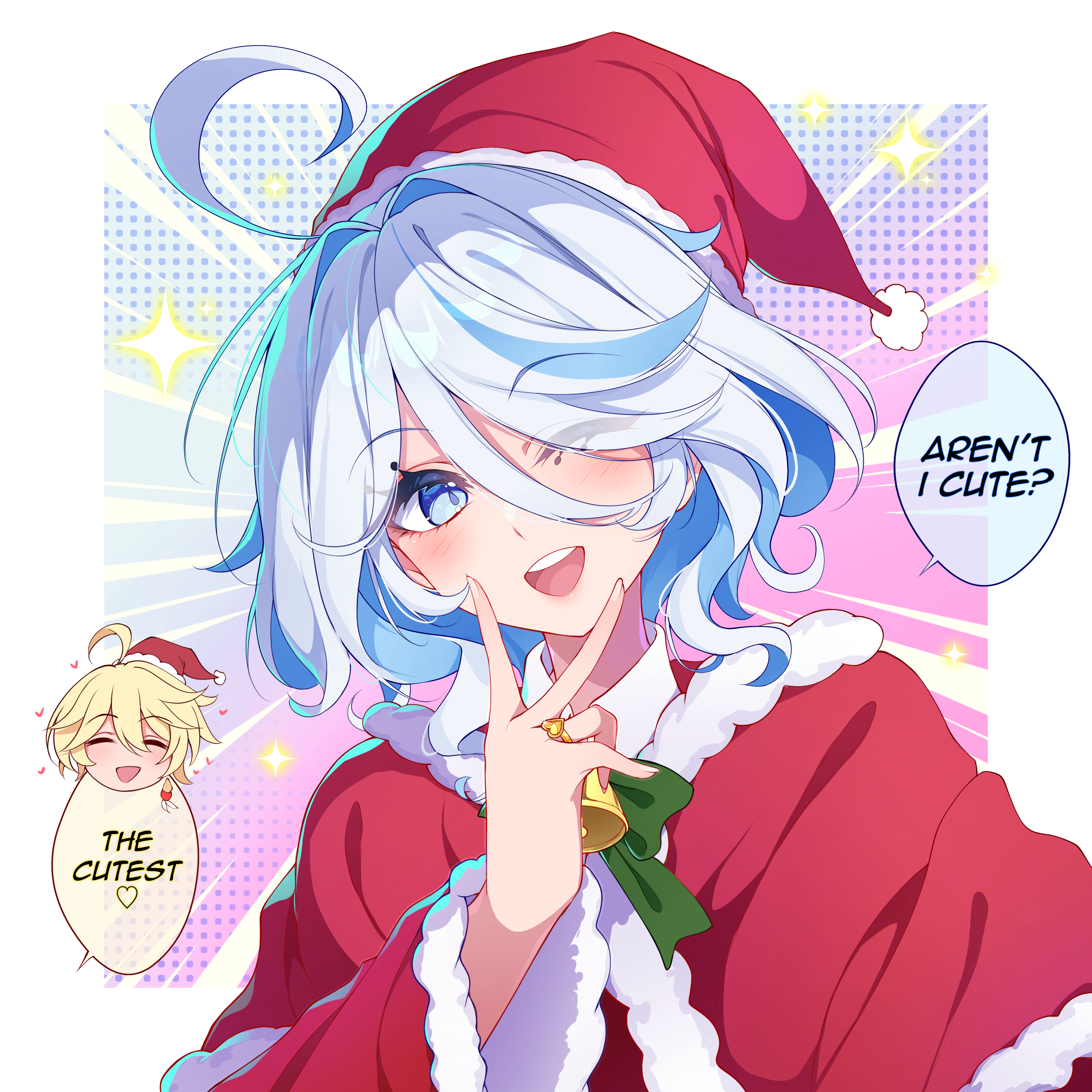 midori (midori13579), aether (genshin impact), furina (genshin impact), genshin impact, absurdres, commentary, english commentary, highres, 1boy, 1girl, ;d, ahoge, bell, blue eyes, blue hair, blue pupils, blush, bow, bowtie, capelet, drop-shaped pupils, english text, engrish text, fur-trimmed capelet, fur trim, green bow, green bowtie, hair between eyes, hand up, hat, long sleeves, medium hair, multicolored hair, neck bell, one eye closed, open mouth, pom pom (clothes), ranguage, red capelet, red hat, santa hat, smile, symbol-shaped pupils, upper body, white hair