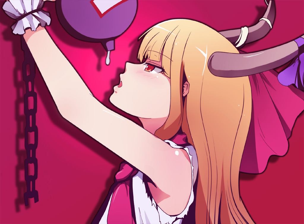 greave (asterism), ibuki suika, touhou, 1girl, bad apple!!, bare shoulders, blonde hair, blush, bow, chain, female focus, horns, long hair, orange hair, solo, torn clothes, wrist cuffs