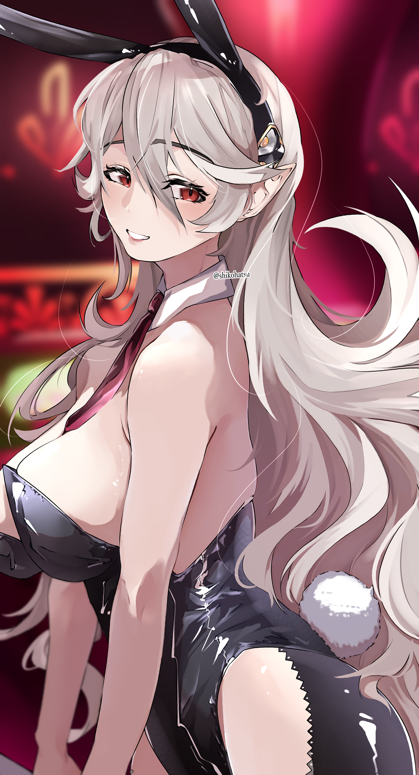 shikohatsu, female corrin (fire emblem), fire emblem, fire emblem fates, nintendo, absurdres, commentary request, highres, 1girl, alternate costume, animal ear hairband, animal ears, black hairband, black leotard, breasts, cleavage, detached collar, fake animal ears, fake tail, hairband, large breasts, leotard, long hair, looking at viewer, looking to the side, necktie, playboy bunny, pointy ears, rabbit ears, rabbit tail, red eyes, red necktie, smile, solo, standing, tail