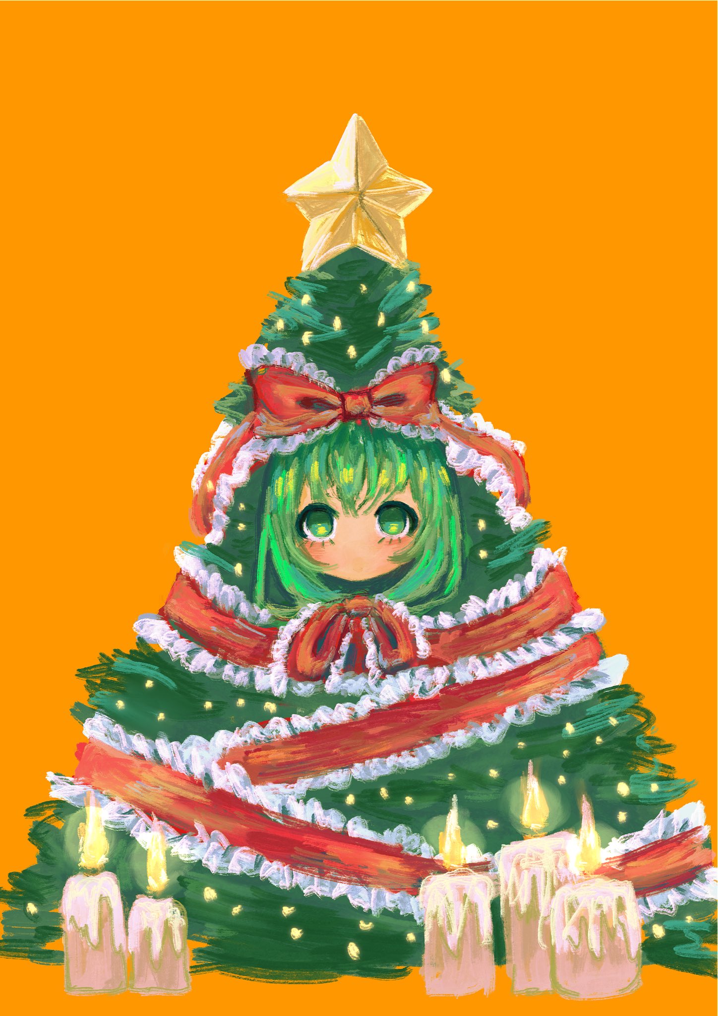 omaega chan, kagiyama hina, touhou, highres, 1girl, bow, candle, christmas, christmas lights, christmas ornaments, christmas star, christmas tree, christmas tree costume, green eyes, green hair, hair bow, hair ribbon, looking at viewer, red bow, red ribbon, ribbon, solo