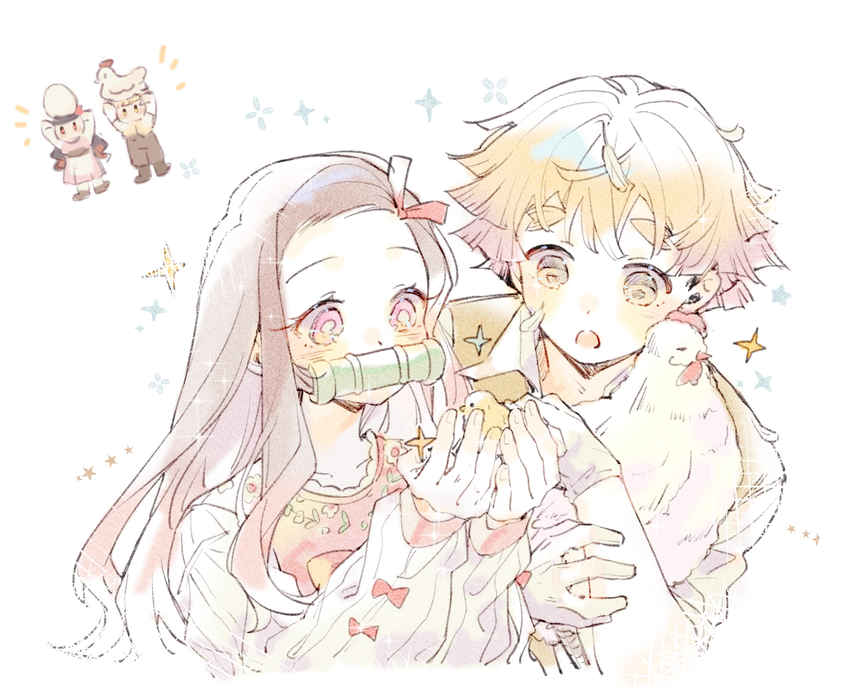 eiko znnz, agatsuma zenitsu, kamado nezuko, kimetsu no yaiba, commentary, highres, 1boy, 1girl, :o, alternate costume, animal, baby animal, bird, bit gag, blonde hair, brown hair, chick, chicken, doodle inset, forehead, gag, gagged, gloves, hair ribbon, holding, holding animal, kishimen hair, long hair, long sleeves, looking at animal, open mouth, pastel colors, pink eyes, ribbon, short hair, simple background, sparkle, upper body, white background, yellow eyes