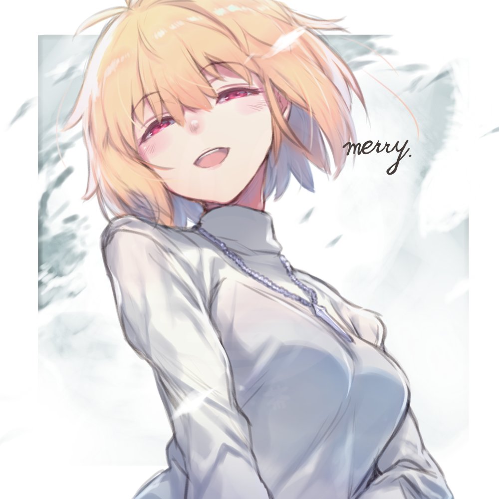 auru t, arcueid brunestud, tsukihime, commentary request, 1girl, :d, antenna hair, blonde hair, blush, breasts, hair between eyes, half-closed eyes, jewelry, long sleeves, looking at viewer, medium breasts, merry christmas, necklace, open mouth, red eyes, short hair, smile, solo, sweater, teeth, turtleneck, turtleneck sweater, upper body, upper teeth only, white sweater
