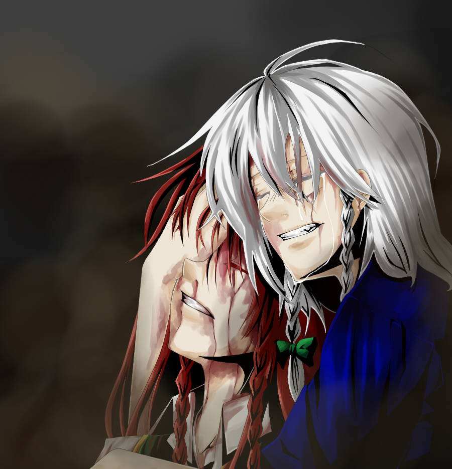 inu tsuki, hong meiling, izayoi sakuya, embodiment of scarlet devil, touhou, silver hair, bad id, bad pixiv id, 2girls, blood, braid, dark, female focus, injury, multiple girls, red hair, ribbon, tears, twin braids