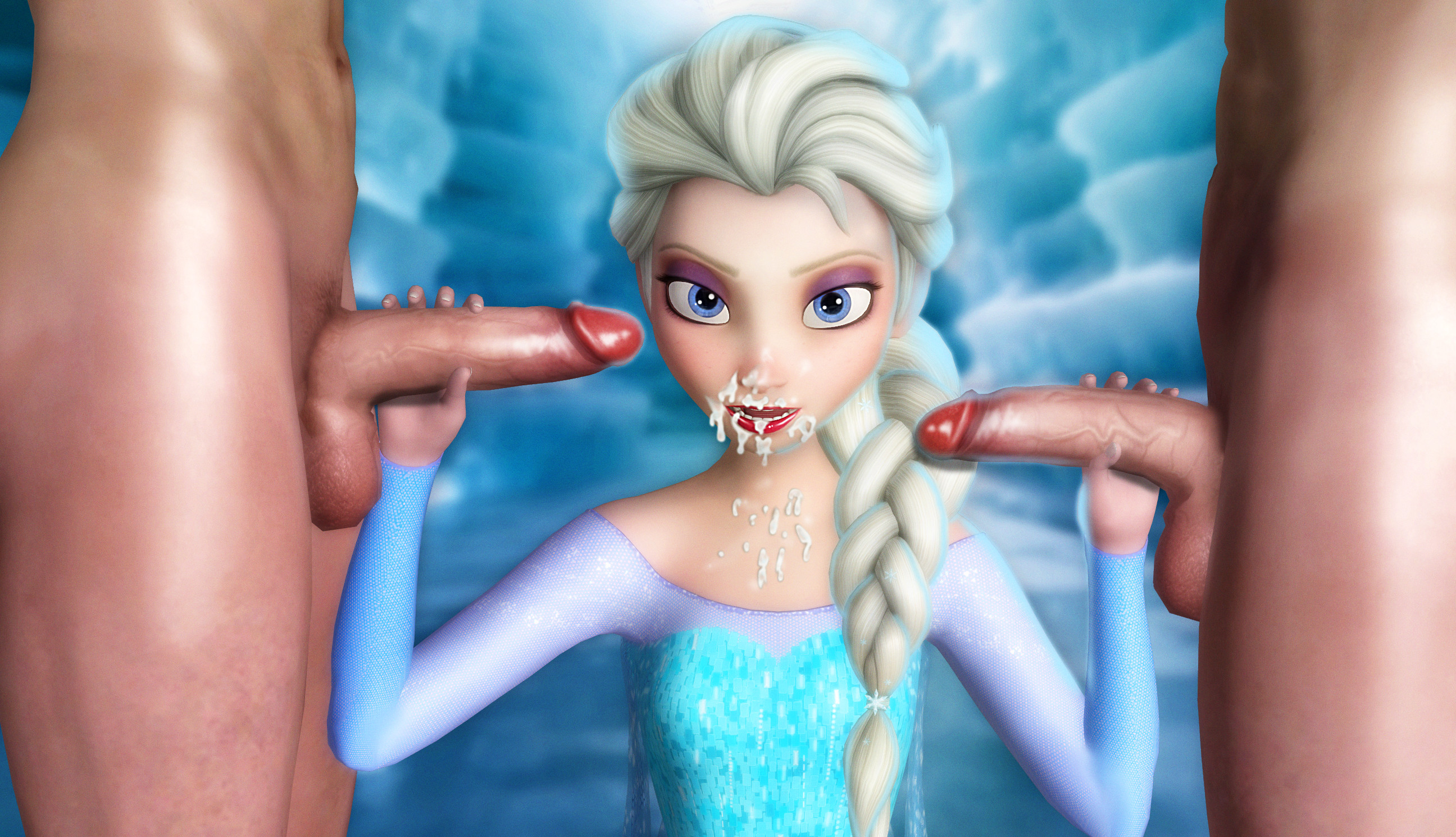 ratounador, elsa (frozen), disney, frozen (disney), xnalara (medium), clothed female nude male, cum, cum on body, double handjob, facial, handjob, nude, penis