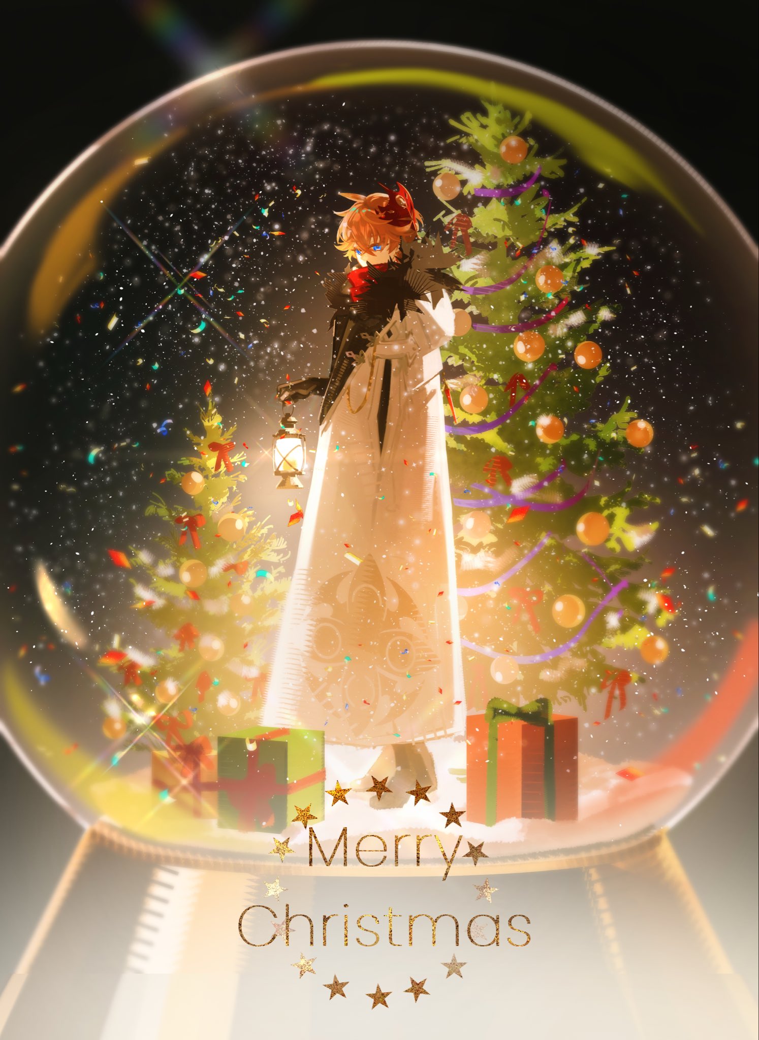 erdff720, tartaglia (genshin impact), genshin impact, highres, 1boy, blue eyes, box, christmas ornaments, christmas present, christmas tree, fatui coat, fur trim, gift, gift box, holding, holding lantern, lantern, mask, mask on head, merry christmas, orange hair, snow globe, solo
