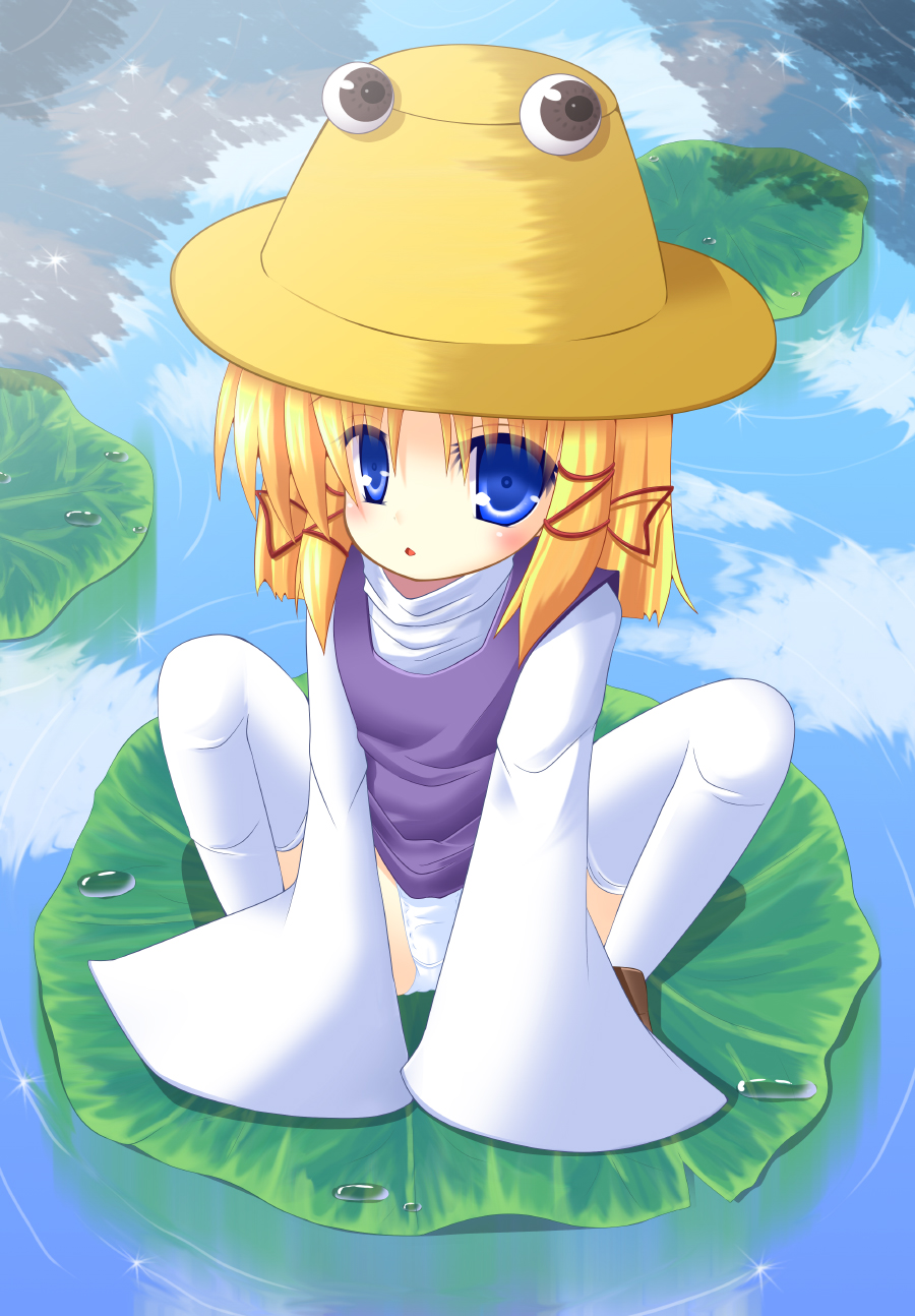 15 ichigo, moriya suwako, touhou, highres, 1girl, blonde hair, blue eyes, child, female focus, hat, lily pad, nature, outdoors, panties, sky, solo, thighhighs, underwear