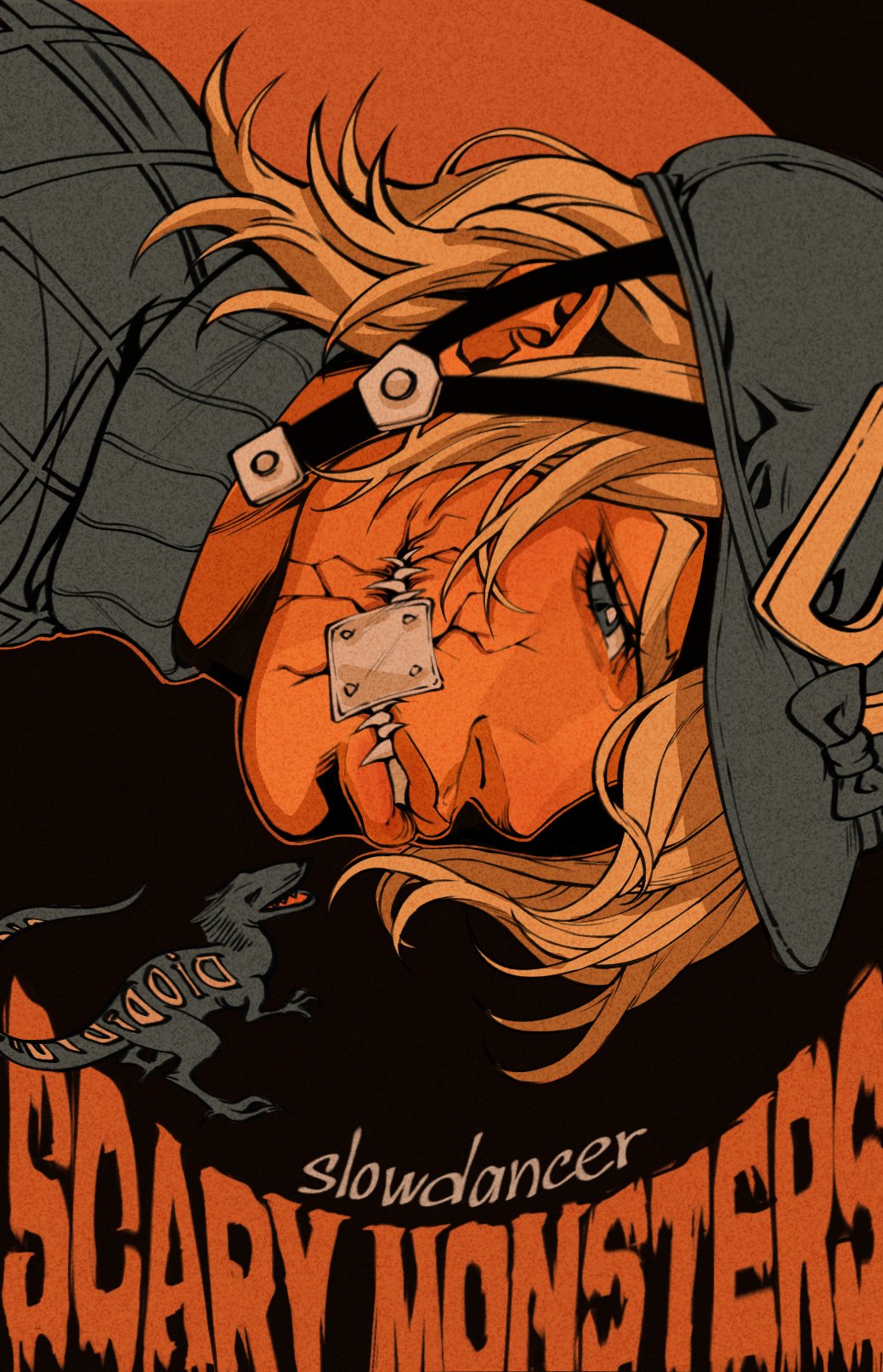 diego brando, scary monsters (stand), jojo no kimyou na bouken, steel ball run, commentary, english commentary, highres, recolored, 1boy, argyle clothes, argyle sweater, bandaid, bandaid on face, blonde hair, blue eyes, blue helmet, blue sweater, bow, cracked skin, english text, fangs, gentleslowdance, hair over one eye, hat, hat bow, helmet, limited palette, looking at viewer, male focus, medium hair, one eye covered, orange theme, parted lips, profile, ribbed sweater, slit pupils, solo, stand (jojo), sweater, turtleneck, turtleneck sweater