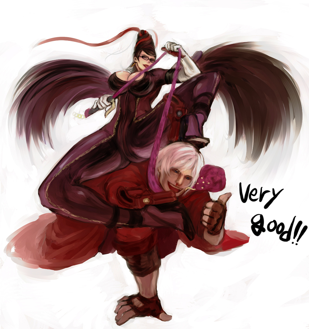 deba, bayonetta, dante (devil may cry), bayonetta (series), capcom, devil may cry (series), bad id, 00s, 1boy, 1girl, black hair, blood, bodysuit, breasts, cleavage, coat, creator connection, crossover, femdom, glasses, hair bun, large breasts, long hair, nosebleed, short hair, single hair bun, thumbs up, trench coat, very long hair, whip, white hair