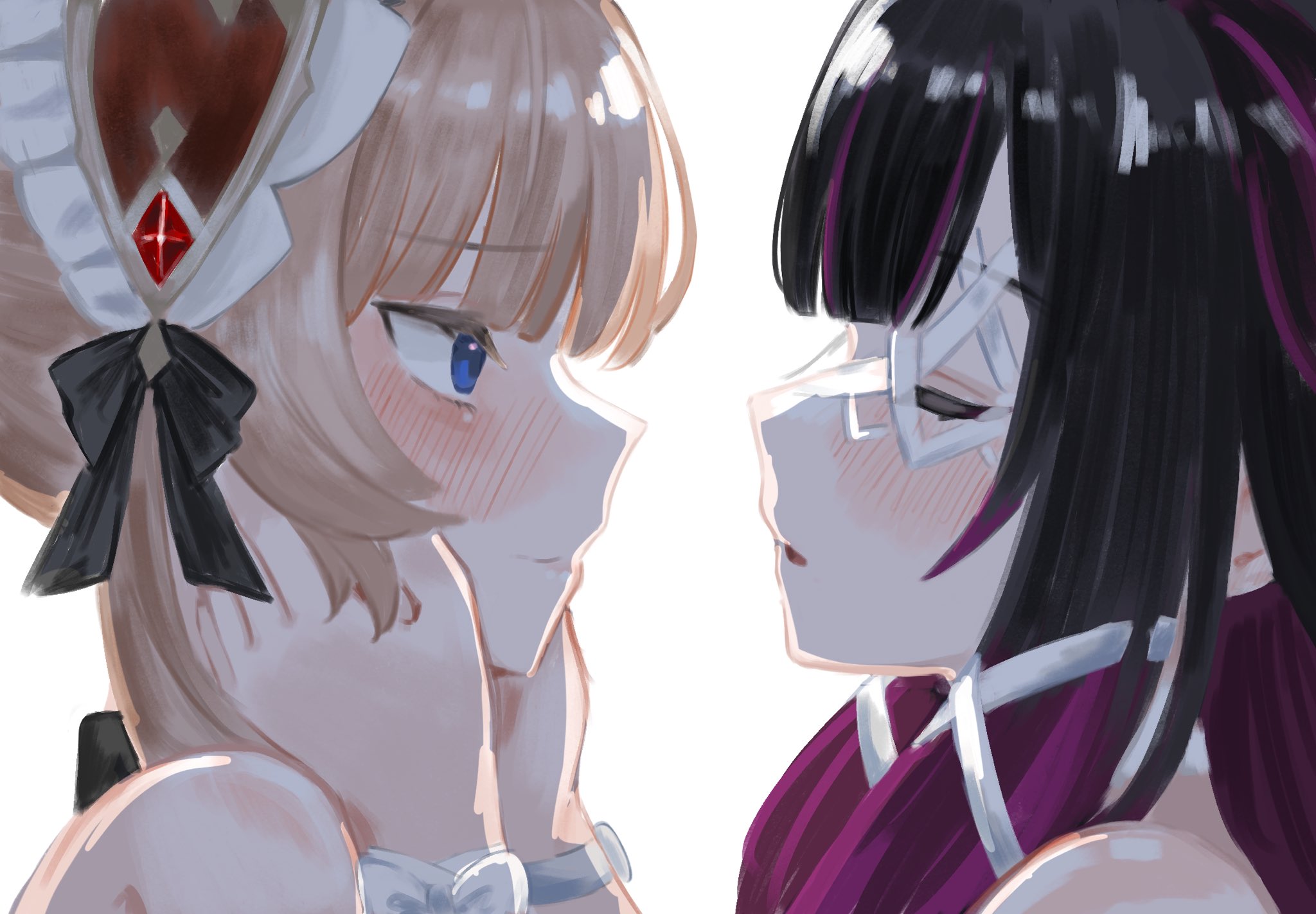 columbina (genshin impact), sandrone (genshin impact), genshin impact, commentary request, highres, 2girls, bare shoulders, black hair, blue eyes, blush, bonnet, brown hair, closed eyes, closed mouth, hands on another's face, looking at another, multiple girls, ono or ohno, parted lips, purple streaks, simple background, white background, yuri