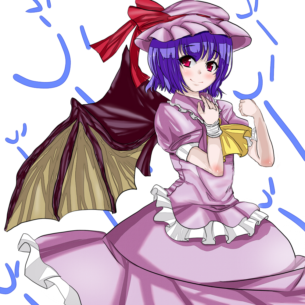 niwatori gunsou, remilia scarlet, touhou, 1girl, bat wings, blue hair, female focus, hat, red eyes, short hair, smile, solo, white background, wings