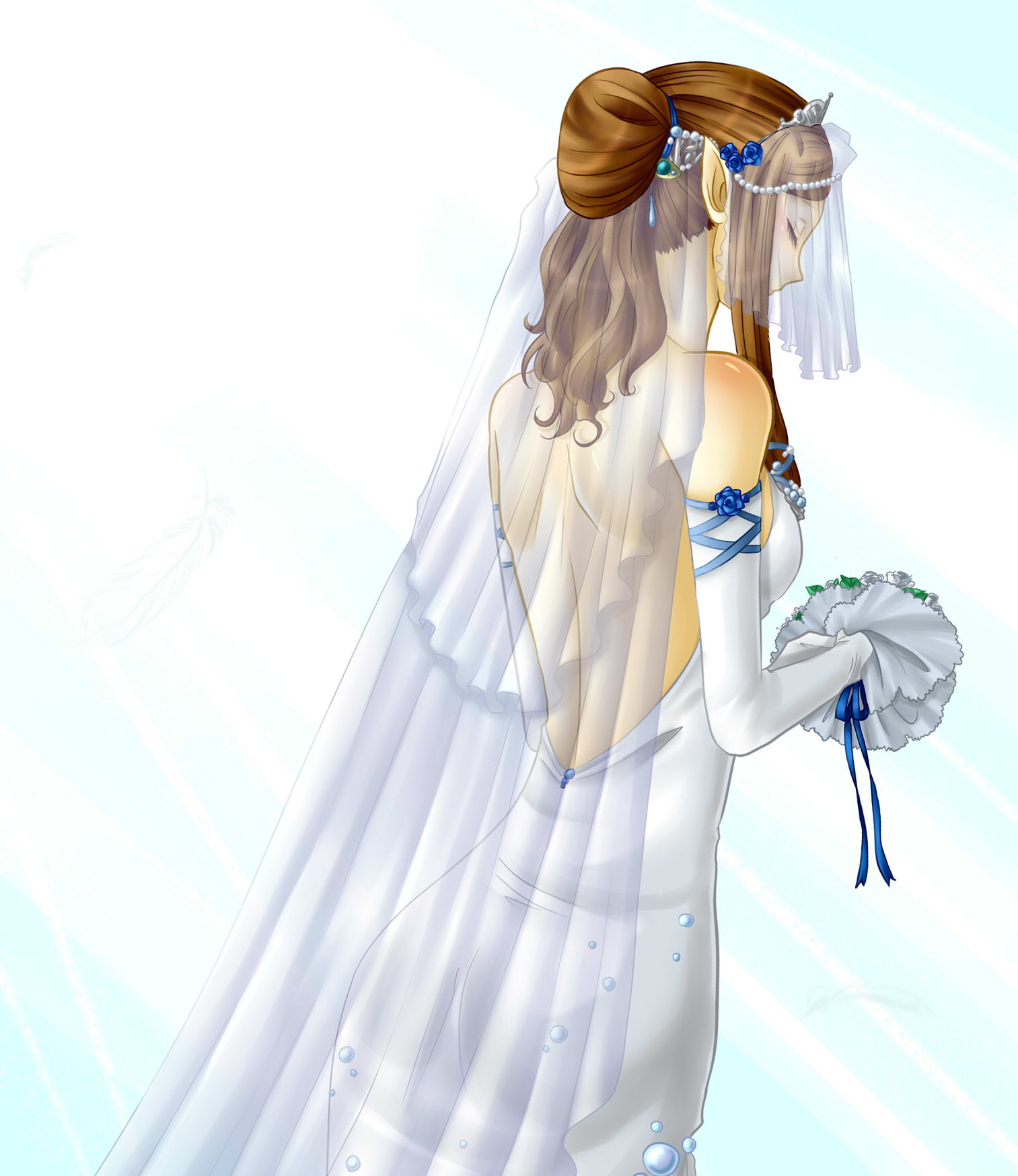 yuino (fancy party), princess zelda, nintendo, the legend of zelda, the legend of zelda: twilight princess, highres, 1girl, alternate hairstyle, back, backless dress, backless outfit, bare back, bare shoulders, blush, bouquet, bridal veil, bride, brown hair, closed eyes, dress, elbow gloves, elf, female focus, flower, from behind, gloves, gown, hair bun, hair flower, hair ornament, hair up, long hair, pointy ears, ponytail, princess, ribbon, single hair bun, solo, tiara, veil, wedding dress, white dress
