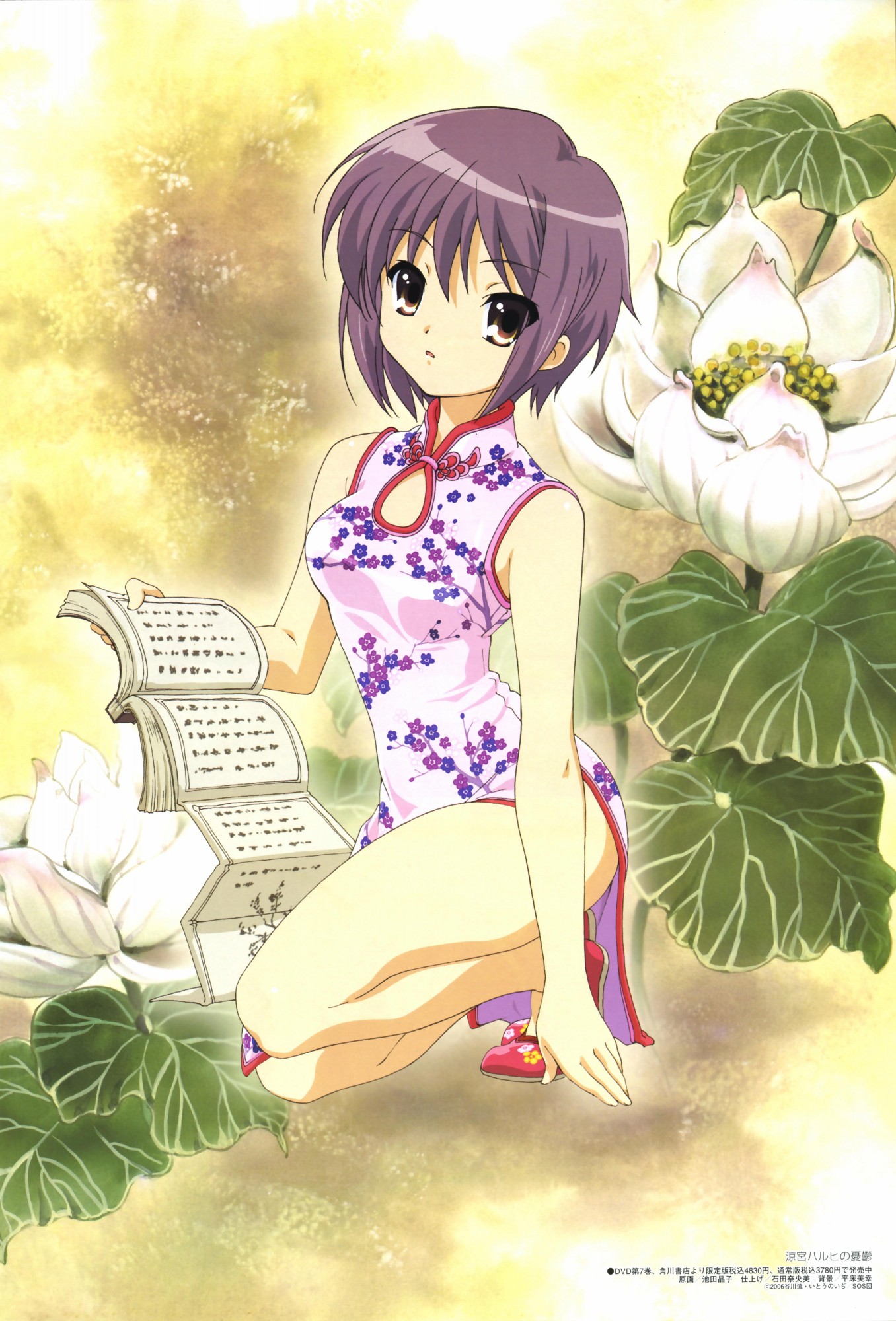 ikeda shouko, nagato yuki, suzumiya haruhi no yuuutsu, highres, official art, 00s, brown eyes, chinese clothes, purple hair, short hair