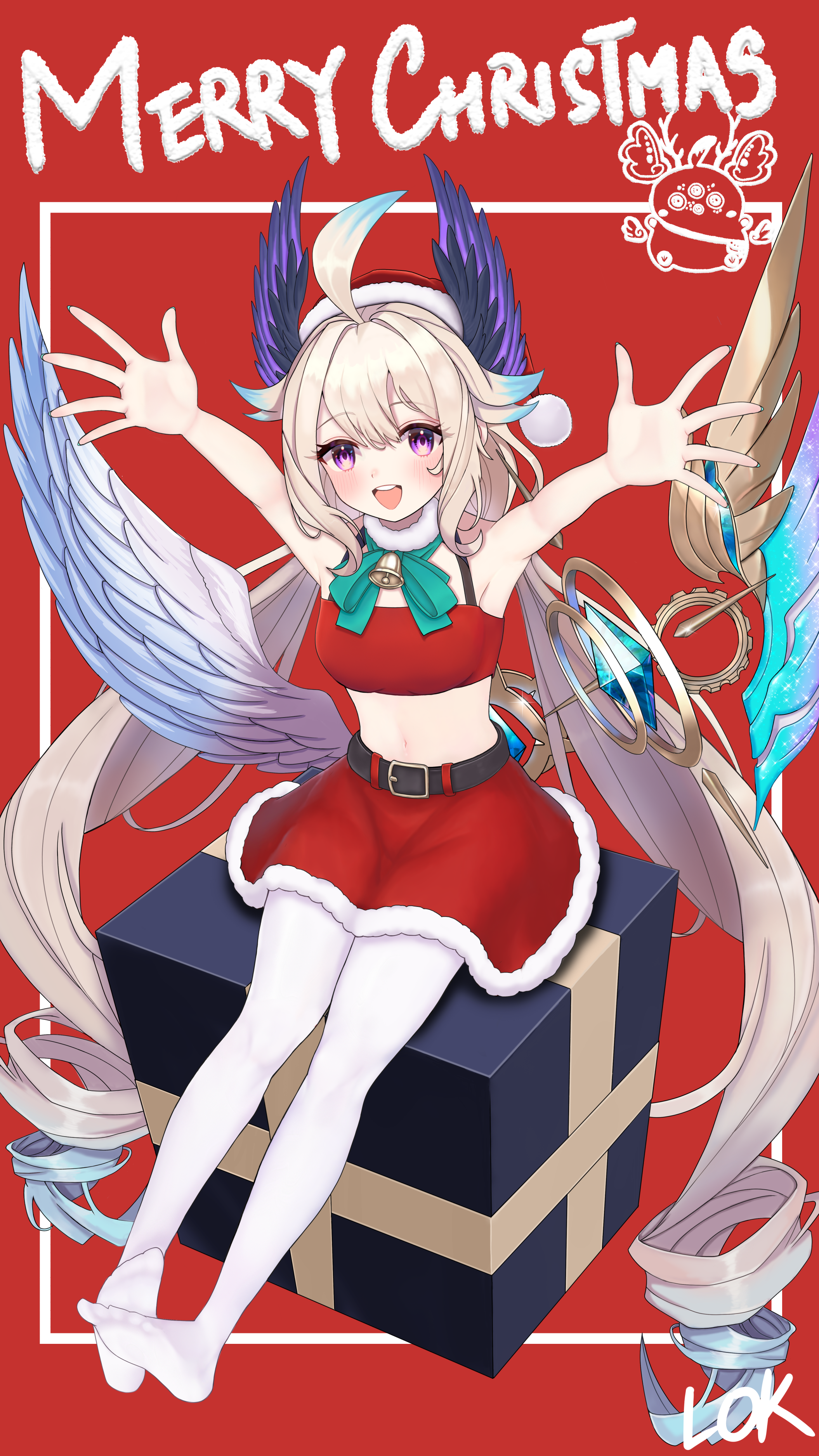 aloupeep (enna alouette), enna alouette, nijisanji, nijisanji en, absurdres, commentary, english commentary, highres, mixed-language commentary, 1girl, :d, absurdly long hair, ahoge, armpits, artist name, bell, belt, blonde hair, blush, border, box, breasts, christmas, dress, feet, gift, hair between eyes, hat, head wings, legs, lok illust, long hair, looking at viewer, low twintails, low wings, merry christmas, midriff, navel, neck bell, no shoes, on box, open mouth, outside border, pantyhose, purple eyes, reaching, reaching towards viewer, red background, santa costume, santa dress, santa hat, signature, sitting, sitting on box, sitting on gift box, small breasts, smile, solo, twintails, very long hair, white border, white pantyhose, wings