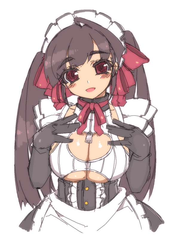 mel/a, akatsuki alut, original, 1girl, black gloves, black hair, blush, breasts, bursting breasts, choker, cleavage, cleavage cutout, clothing cutout, elbow gloves, female focus, frills, gloves, happy, huge breasts, long hair, maid, maid headdress, red eyes, ribbon, solo, twintails, underboob