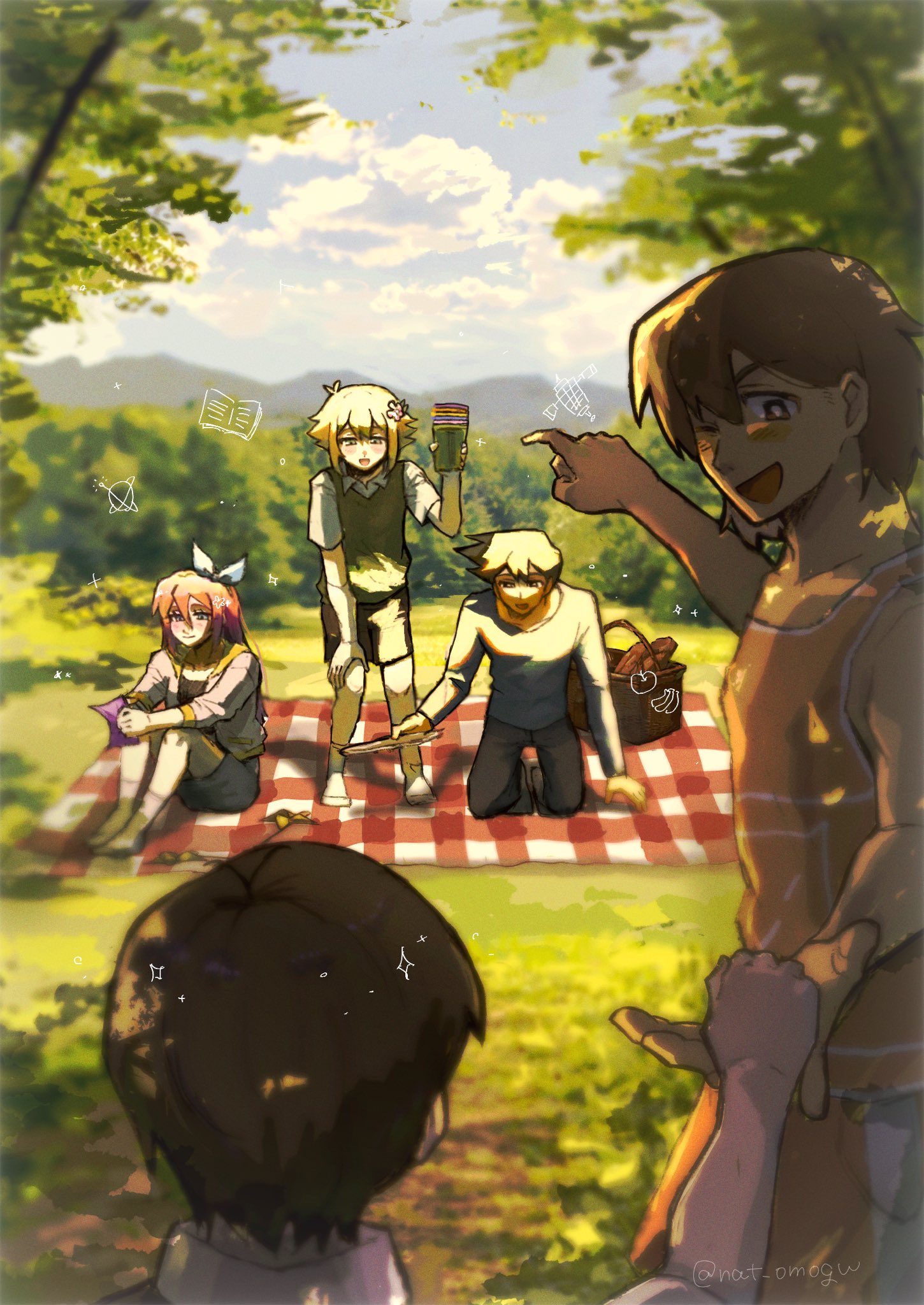 nat omogu, aubrey (faraway) (omori), aubrey (omori), basil (faraway) (omori), basil (omori), hero (faraway) (omori), hero (omori), kel (faraway) (omori), kel (omori), sunny (omori), omori, commentary, english commentary, highres, 1girl, 4boys, antenna hair, artist name, black eyes, black hair, blonde hair, blue hairband, blue skirt, blue sweater, blurry, blurry background, blush, bright pupils, brothers, brown hair, checkered blanket, closed mouth, collarbone, collared shirt, dark-skinned male, dark skin, day, denim, denim skirt, double-parted bangs, green sweater vest, grey pants, hair between eyes, hairband, hand on own leg, jacket, knees up, long hair, long sleeves, looking at another, multiple boys, one eye closed, open clothes, open jacket, open mouth, outdoors, pants, picnic basket, pink hair, pinwheel, pointing, shirt, short hair, short sleeves, siblings, sidelocks, sitting, skirt, smile, socks, standing, sweater, sweater vest, tree, twitter username, white jacket, white pupils, white shirt, white socks