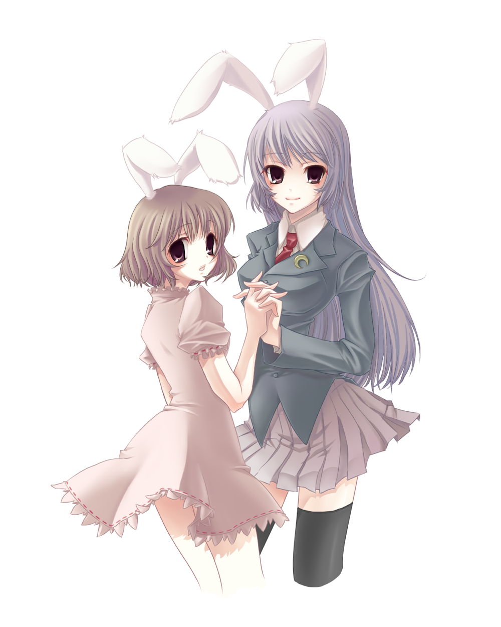 kyrie (artist), inaba tewi, reisen udongein inaba, touhou, light purple hair, bad id, bad pixiv id, highres, 2girls, animal ears, blazer, brown hair, female focus, jacket, long hair, multiple girls, necktie, rabbit ears, red eyes, short hair, skirt, thighhighs
