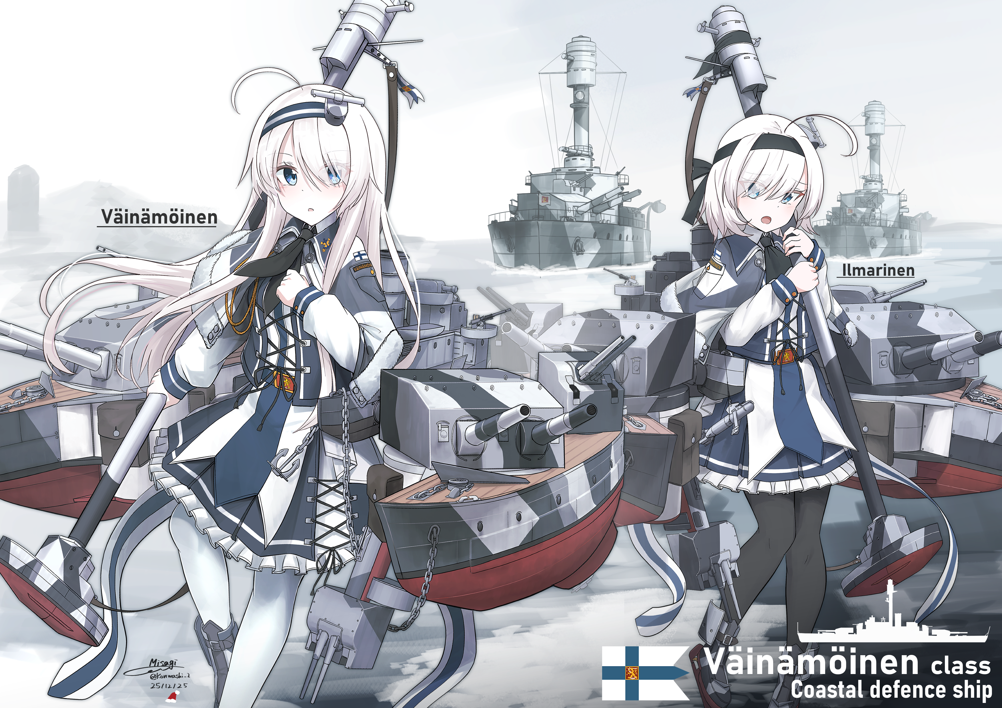 teisei misagi, original, absurdres, commentary request, highres, 2girls, ahoge, anchor, belt, black neckerchief, black pantyhose, blue eyes, capelet, finland, finnish flag, finnish navy, frilled skirt, frills, full body, fur trim, hairband, holding, holding polearm, holding weapon, ilmarinen (personification), ilmarinen (ship), long hair, mecha musume, military, multiple girls, neckerchief, pantyhose, personification, polearm, ship turret, short hair, skirt, vainamoinen (personification), vainamoinen (ship), vehicle and personification, very long hair, weapon, white hair, white pantyhose