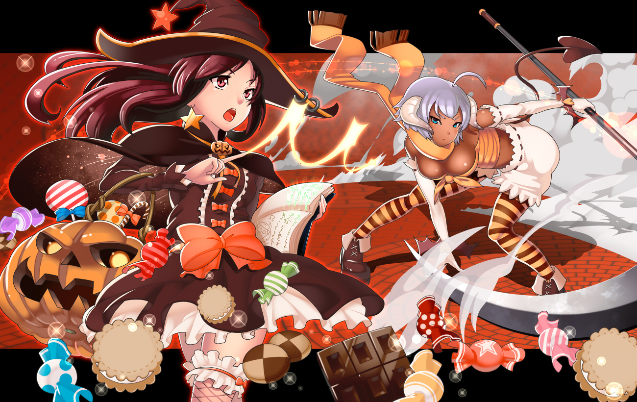 knife (artist), original, frilled legwear, silver hair, striped legwear, 2girls, aqua eyes, bloomers, book, brown hair, candy, checkerboard cookie, chocolate, chocolate bar, cookie, dark-skinned female, dark skin, earrings, fishnets, food, halloween, hat, horns, jack-o'-lantern, jewelry, multiple girls, pavement, pumpkin, red eyes, scarf, staff, star (symbol), star earrings, striped clothes, striped thighhighs, tail, thighhighs, underwear, weapon, witch hat, wrapped candy