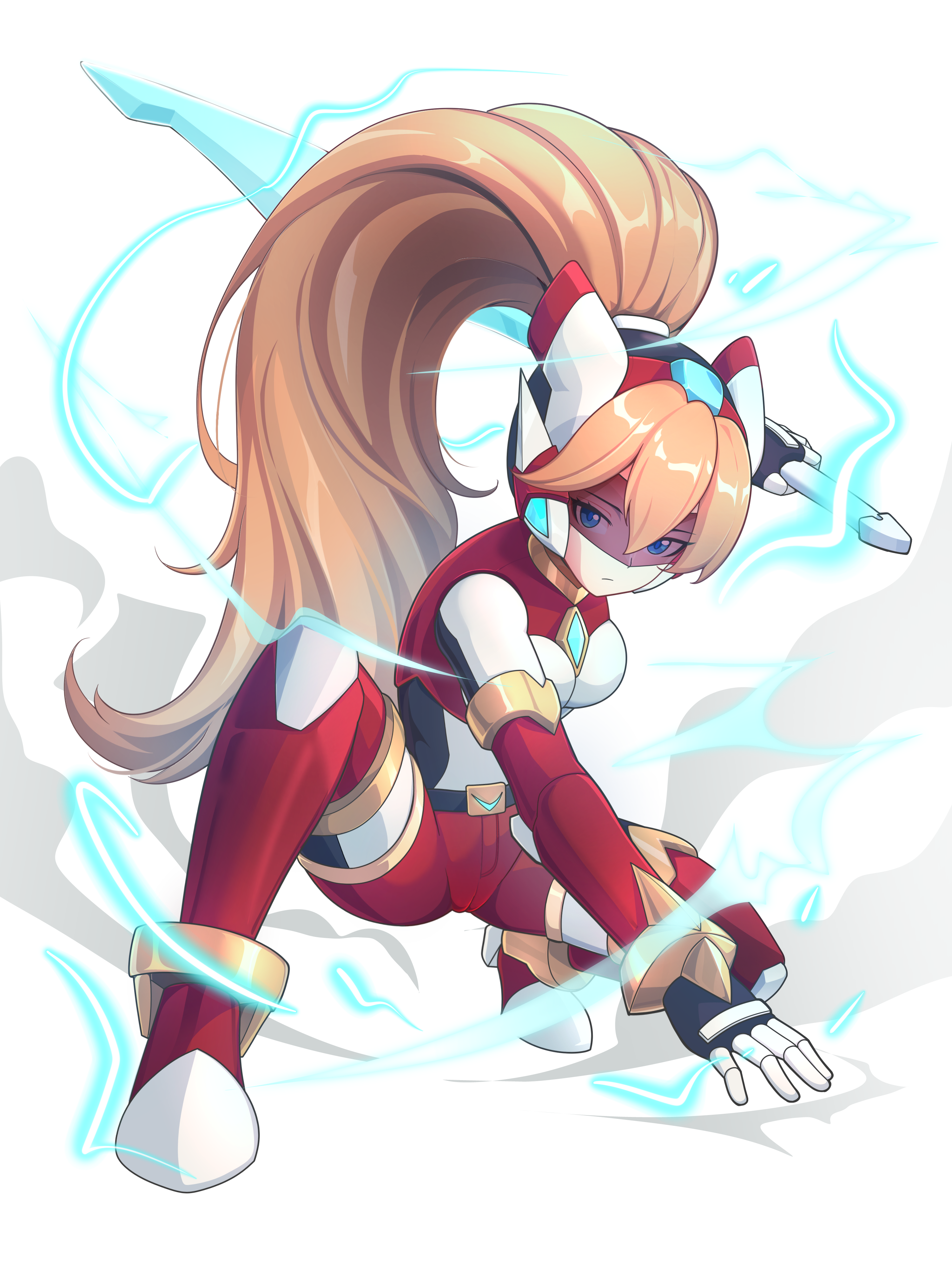 uta guipiy, ciel (mega man), model z (mega man), mega man (series), mega man zero (series), mega man zx, absurdres, commission, commissioner upload, highres, non-web source, 1girl, alternate costume, armor, belt, blonde hair, blue eyes, bodystocking, boots, breasts, cameltoe, chest jewel, covered navel, elbow gloves, energy sword, eyelashes, fighting stance, forehead jewel, full body, gloves, helmet, holding, holding weapon, knee armor, long hair, looking at viewer, mechanical ears, petite, ponytail, shorts, simple background, small breasts, solo, sword, thigh boots, thigh strap, thighs, transparent background, weapon