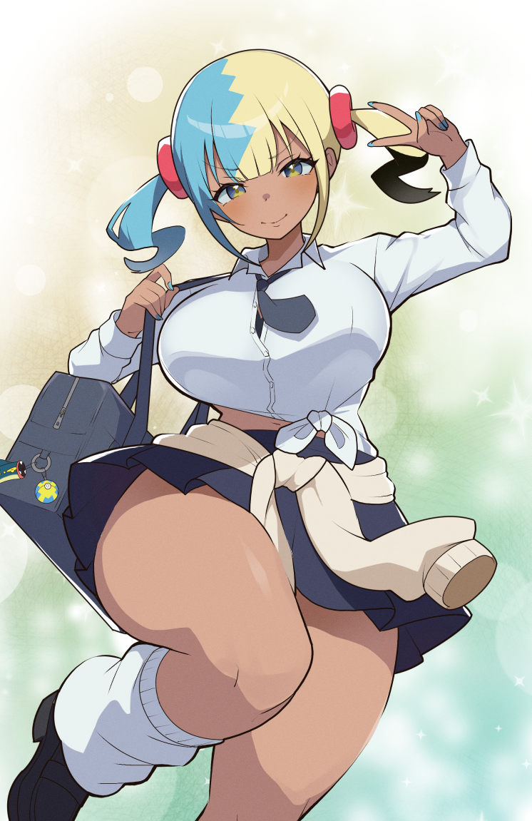 mituyota 76, canari (pokemon), nintendo, pokemon, pokemon legends: z-a, commentary request, 1girl, alternate costume, aqua hair, arm up, bag, black shoes, blonde hair, blue nails, blue skirt, breasts, curvy, dark-skinned female, dark skin, feet out of frame, gyaru, hair ornament, large breasts, leg warmers, long sleeves, looking at viewer, midriff peek, multicolored hair, school bag, school uniform, shirt, shoes, short twintails, skirt, smile, solo, split-color hair, thick thighs, thighs, tied shirt, twintails, two-tone hair, v, white leg warmers, white shirt