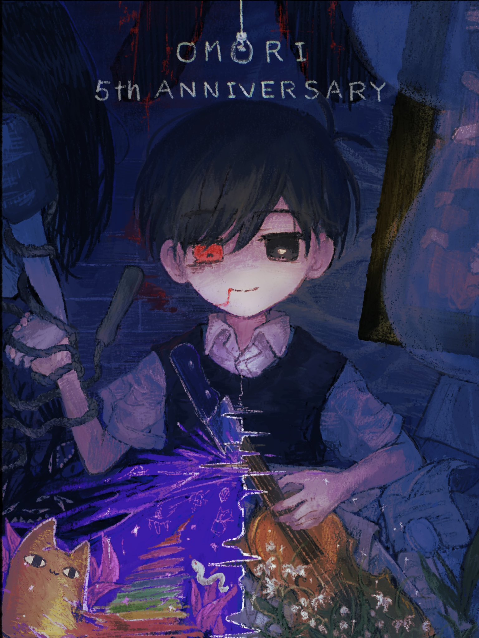 big yellow cat (omori), mari (omori), mari (spirit) (omori), sunny (omori), omori, commentary request, highres, spoilers, 1boy, 1girl, 5 mugiko, anniversary, antenna hair, black eyes, black sweater vest, blood, blood on face, bright pupils, brother and sister, closed mouth, collared shirt, copyright name, english text, flower, heterochromia, holding, holding hands, holding instrument, holding violin, instrument, jump rope, knife, knife in chest, looking at viewer, red eyes, shirt, short sleeves, siblings, smile, stab, sweater vest, tulip, violin, white flower, white pupils, white shirt, white tulip