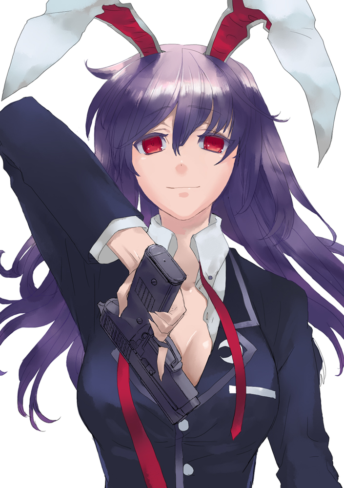 kon'ya (usamimi parlour), konya, reisen udongein inaba, touhou, 1girl, animal ears, blazer, breasts, cleavage, female focus, finger on trigger, gun, holding, holding gun, holding weapon, jacket, large breasts, long hair, necktie, purple hair, rabbit ears, red eyes, solo, weapon