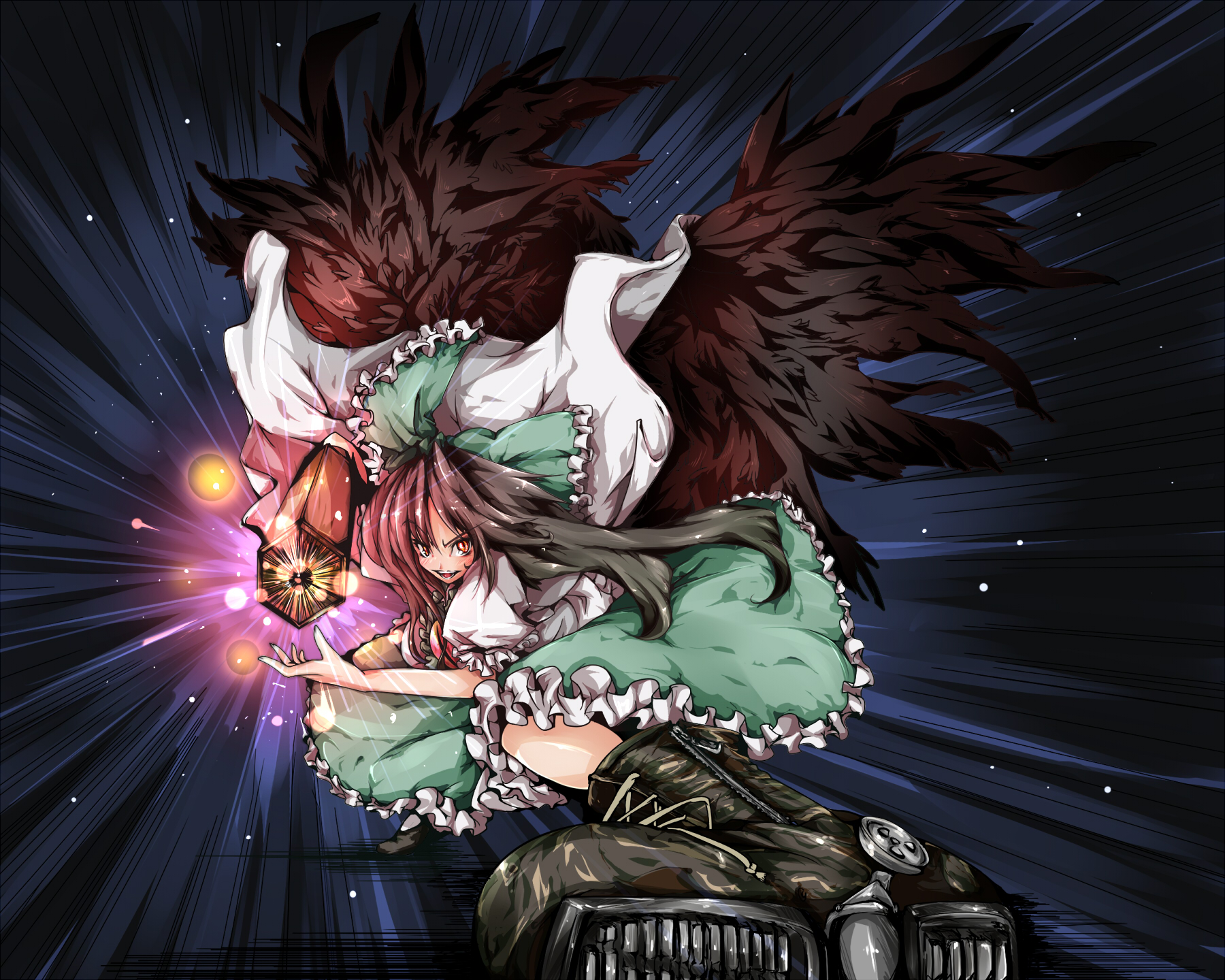 nikke (cherish), reiuji utsuho, touhou, highres, 1girl, arm cannon, black hair, bow, brown hair, female focus, hair ribbon, long hair, red eyes, ribbon, solo, weapon, wings