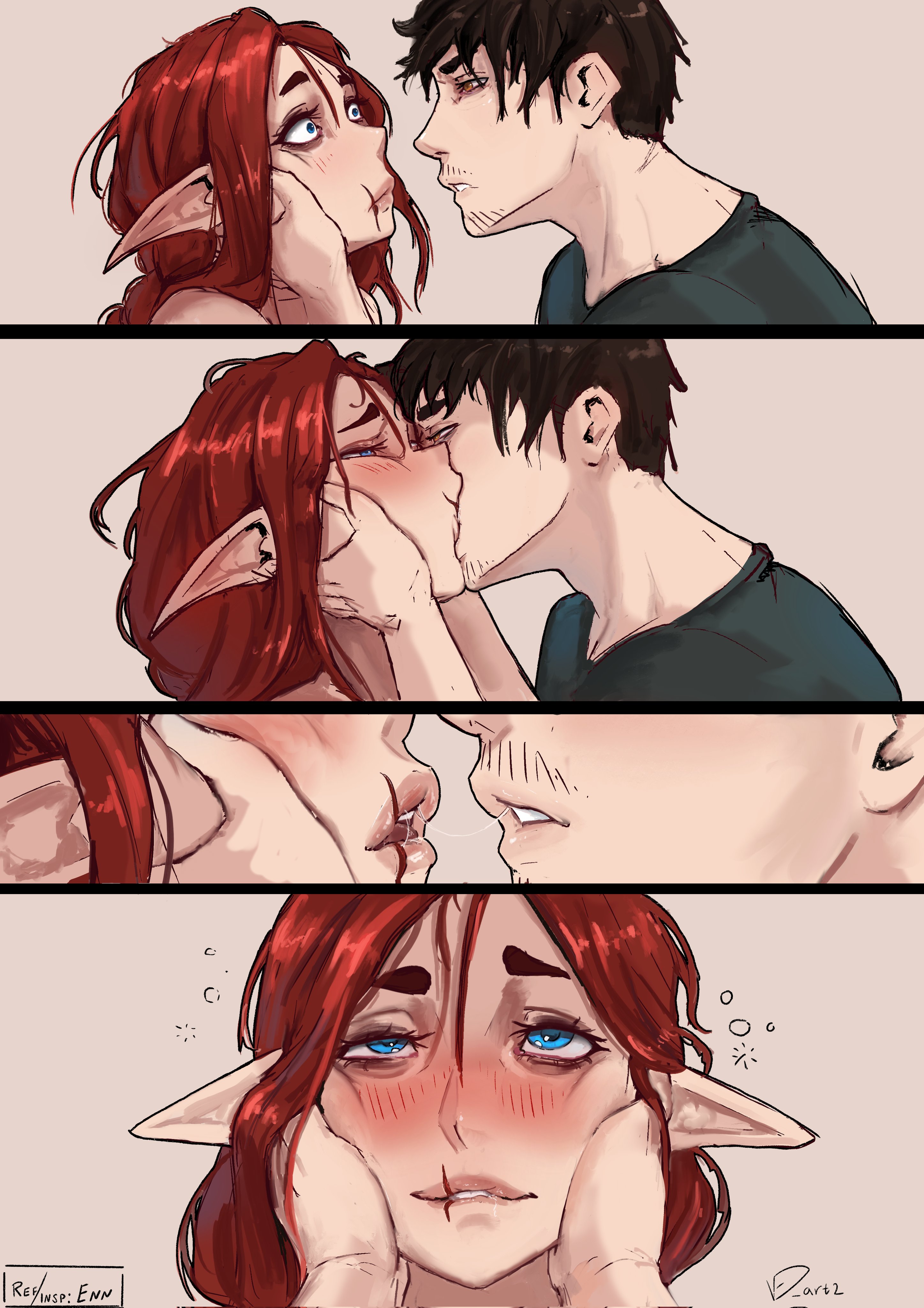 original, absurdres, commentary, english commentary, highres, 1boy, 1girl, artist name, beard, black shirt, blue eyes, blush, elf, eye contact, facial hair, kiss, long hair, looking at another, pointy ears, portrait, red hair, saliva, saliva trail, scar, scar on face, scar on mouth, shirt, short hair, smile, squishing, teeth, vedart2