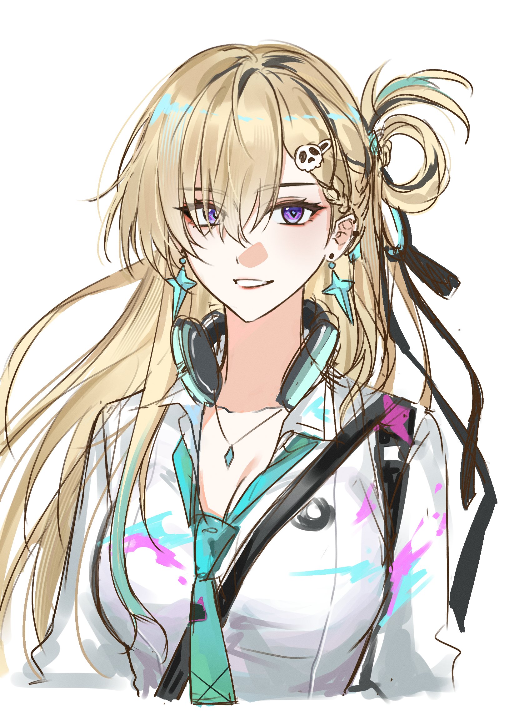 lynae (wuthering waves), wuthering waves, highres, 1girl, aqua necktie, blonde hair, braid, braided bangs, breasts, chanong 0720, cleavage, collarbone, diamond necklace, earrings, hair ornament, headphones, headphones around neck, jewelry, long hair, necklace, necktie, paint splatter, purple eyes, shirt, simple background, skull hair ornament, solo, star (symbol), star earrings, upper body, white background, white shirt