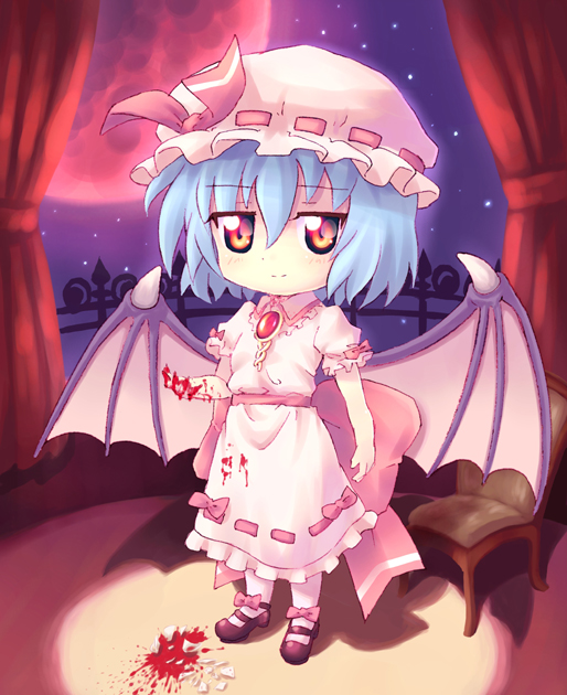 orita enpitsu, remilia scarlet, touhou, 1girl, bat wings, blood, blue hair, bow, broken, chair, chibi, cup, curtains, female focus, hat, major injury underreaction, mary janes, moon, night, orange eyes, red eyes, red moon, shoes, short hair, sky, solo, stain, standing, teacup, wings