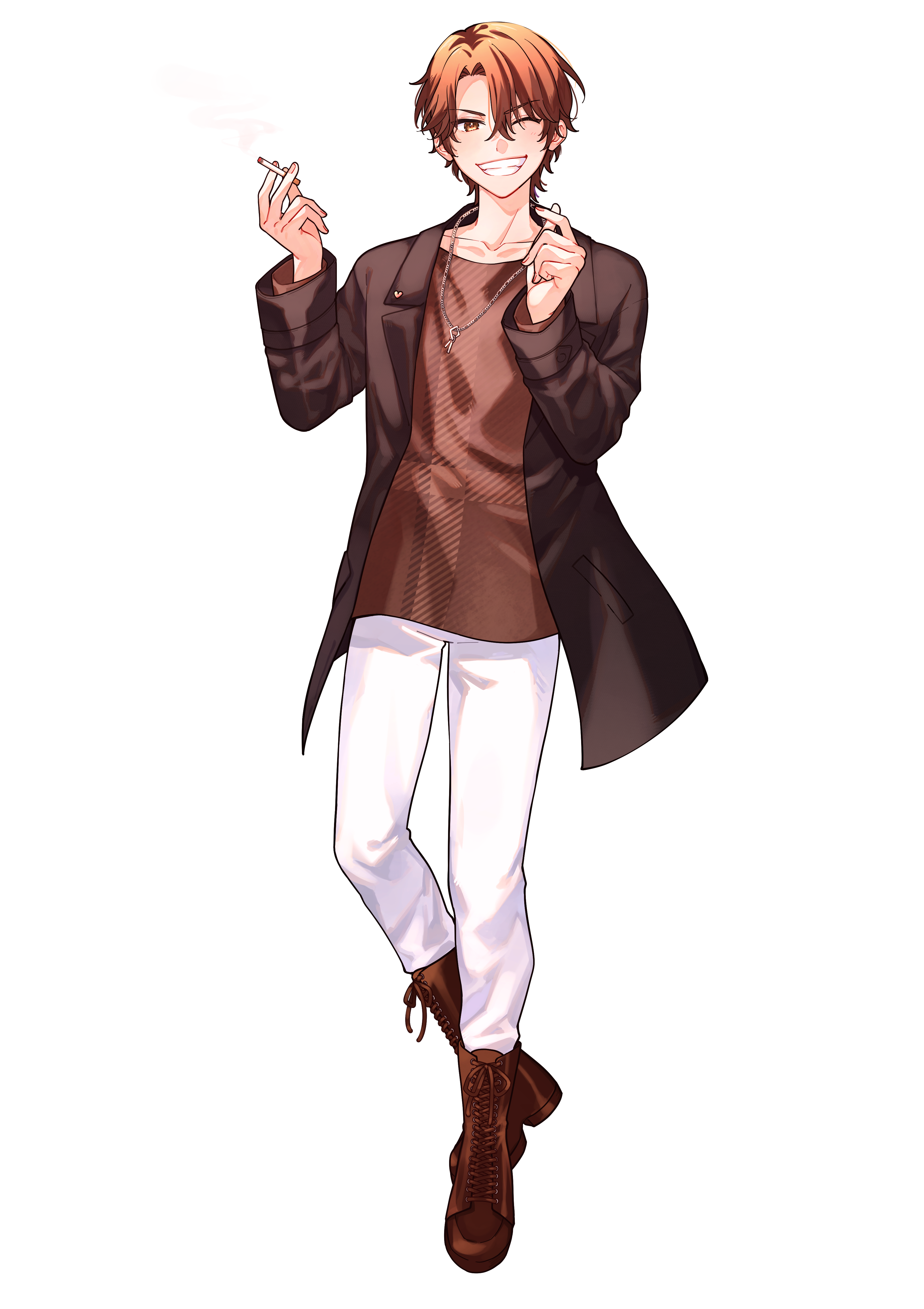 absurdres, highres, 1boy, 3r gaming, black coat, boots, brown boots, brown eyes, brown hair, brown shirt, cigarette, coat, full body, grin, holding, holding cigarette, jewelry, male focus, meiya (3r gaming), necklace, pants, shirt, smile, smoke, solo, tohyama shage, white pants