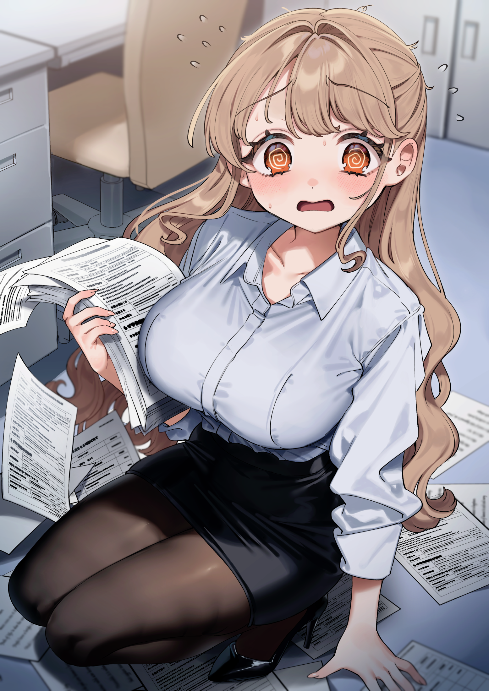 sakura yuki (clochette), highres, 1girl, @ @, black shoes, black skirt, blue shirt, breasts, brown hair, brown pantyhose, chair, chibi kyonyuu, collarbone, collared shirt, holding, holding paper, indoors, kodama sawa (sakura yuki), large breasts, long hair, long sleeves, looking at viewer, office lady, open mouth, orange eyes, pantyhose, paper, shirt, shoes, skirt, solo, squatting