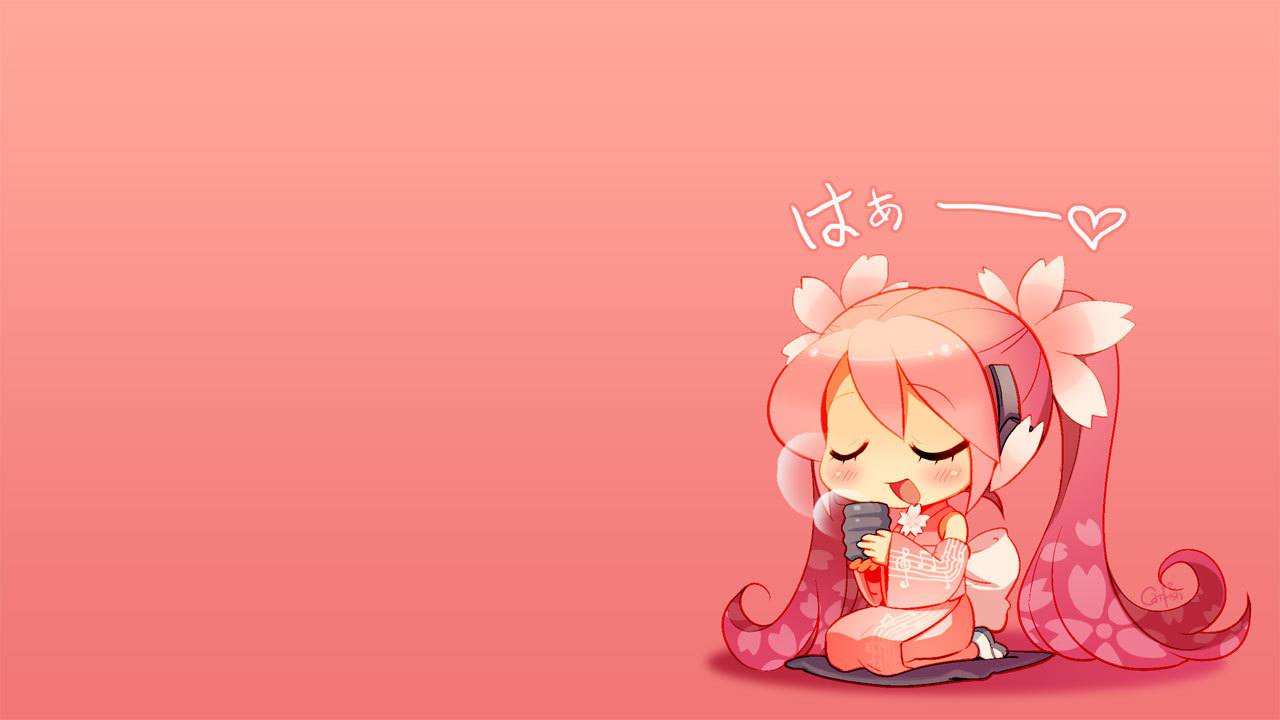 mao yu, hatsune miku, sakura miku, vocaloid, 1girl, alternate color, chibi, closed eyes, cup, female focus, flower, hair flower, hair ornament, headphones, japanese clothes, kimono, long hair, mug, pink hair, pink theme, seiza, sitting, smile, solo, twintails