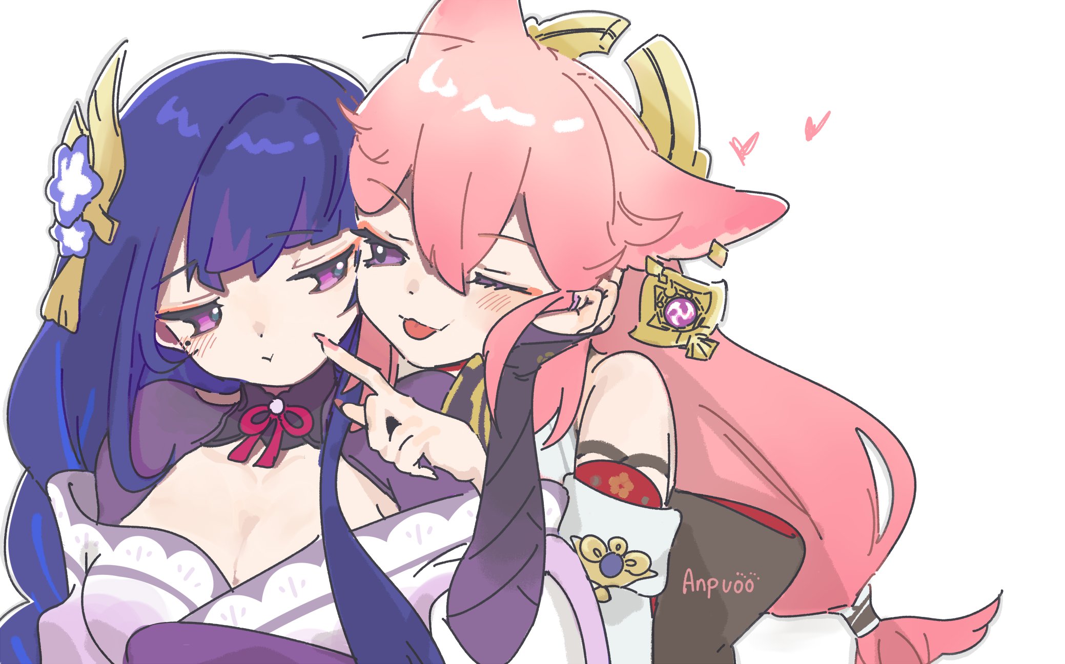 raiden shogun, yae miko, genshin impact, commentary, english commentary, highres, 2girls, animal ears, artist name, bare shoulders, blunt bangs, breasts, cheek poking, cleavage, closed mouth, couple, detached sleeves, earrings, eyeliner, fox ears, fox tail, hair between eyes, hair ornament, hand on another's head, headpiece, heads together, heart, japanese clothes, jewelry, kimono, large breasts, leaning on person, light blush, long hair, long sleeves, looking at another, looking to the side, low-tied long hair, makeup, mole, mole under eye, multiple girls, neckerchief, off shoulder, one eye closed, pink hair, poking, purple eyes, purple kimono, red eyeliner, red ribbon, ribbon, shade, tail, tongue, tongue out, upper body, white background, wide sleeves, yen (mantiyen), yuri