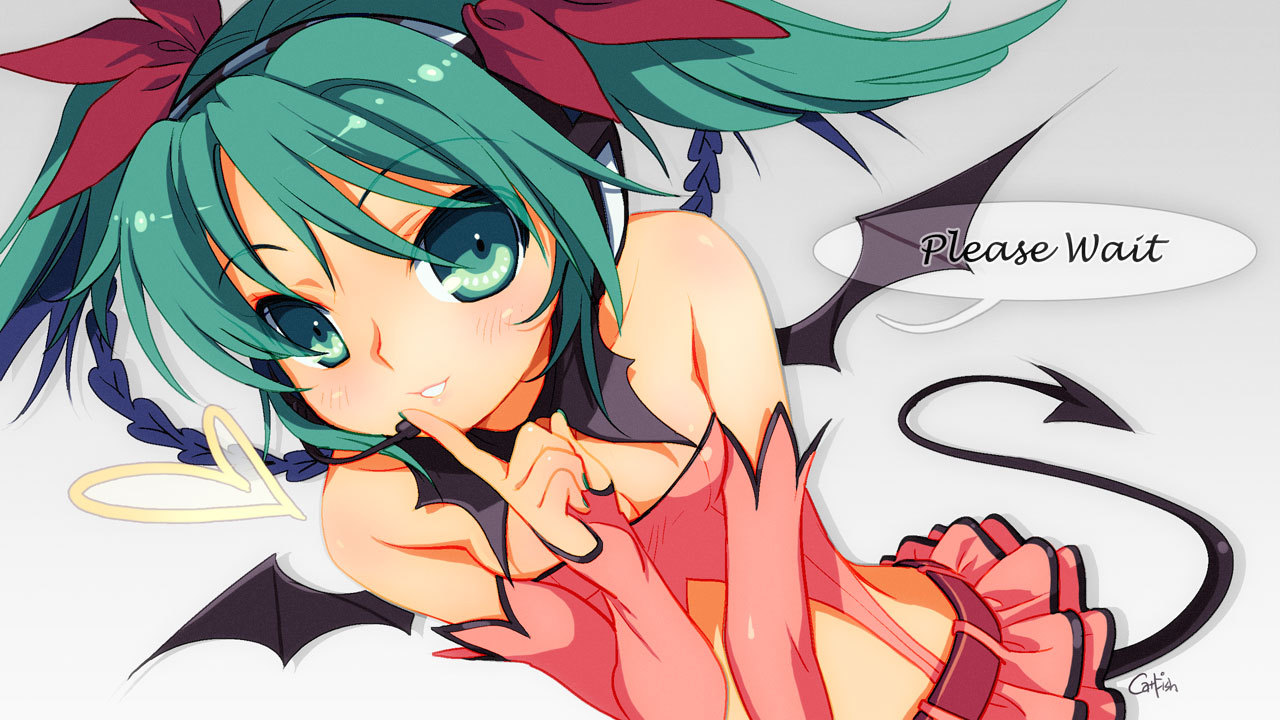 mao yu, hatsune miku, hatsune miku (heart hunter), project diva, project diva (series), vocaloid, 1girl, aqua eyes, aqua hair, bat wings, blush, demon girl, elbow gloves, english text, female focus, fingerless gloves, gloves, hair ribbon, headphones, headset, ribbon, short hair, skirt, smile, solo, tail, twintails, wings