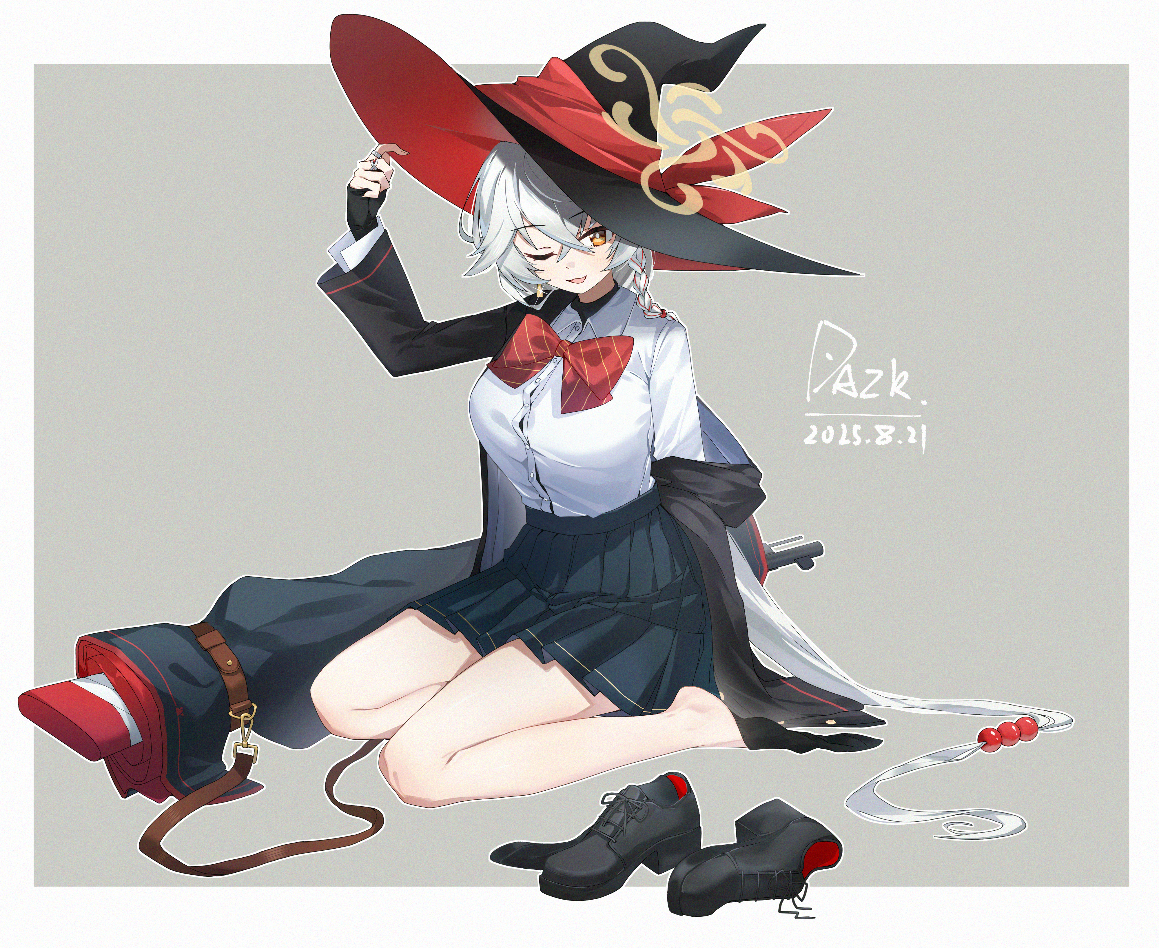 dazk, eri (blue archive), blue archive, absurdres, commentary request, highres, 1girl, assault rifle, black hat, black robe, black shoes, black skirt, black socks, blush, bolt action, book, bow, bowtie, braid, breasts, carcano, collared shirt, diagonal-striped bow, diagonal-striped bowtie, diagonal-striped clothes, earrings, full body, grey background, gun, gun sling, hair between eyes, hair bobbles, hair ornament, hat, jewelry, large breasts, long hair, long sleeves, looking at viewer, low ponytail, miniskirt, multiple rings, one eye closed, open mouth, orange eyes, pleated skirt, ponytail, red bow, red bowtie, rifle, ring, robe, shirt, shoes, simple background, single braid, single earring, sitting, skirt, socks, solo, striped bow, striped bowtie, striped clothes, tail, tilted halo, very long hair, weapon, white hair, white shirt, wide sleeves, witch hat