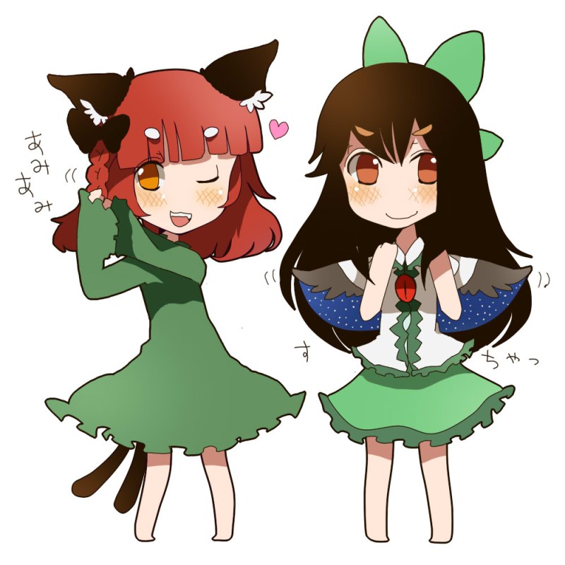 pote, pote (aonibi kairou), pote (ptkan), kaenbyou rin, reiuji utsuho, team shanghai alice, touhou, bad id, bad pixiv id, translation request, 2girls, braid, cape, chibi, dressing, female focus, hairdressing, multiple girls