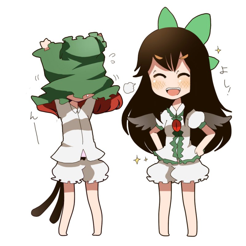 pote, pote (aonibi kairou), pote (ptkan), kaenbyou rin, reiuji utsuho, team shanghai alice, touhou, bad id, bad pixiv id, translation request, 2girls, alternate hairstyle, bloomers, chibi, dress, dressing, female focus, lingerie, multiple girls, no pants, underwear, white bloomers