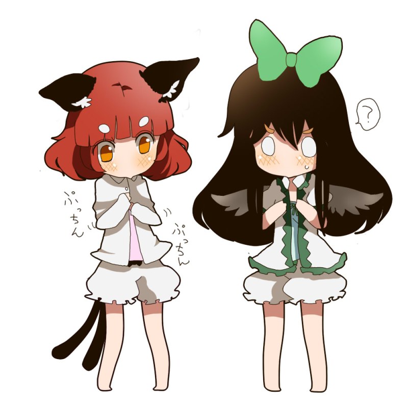 pote, pote (aonibi kairou), pote (ptkan), kaenbyou rin, reiuji utsuho, team shanghai alice, touhou, bad id, bad pixiv id, translation request, 2girls, :>, alternate hairstyle, bloomers, chibi, dressing, female focus, lingerie, multiple girls, o o, underwear