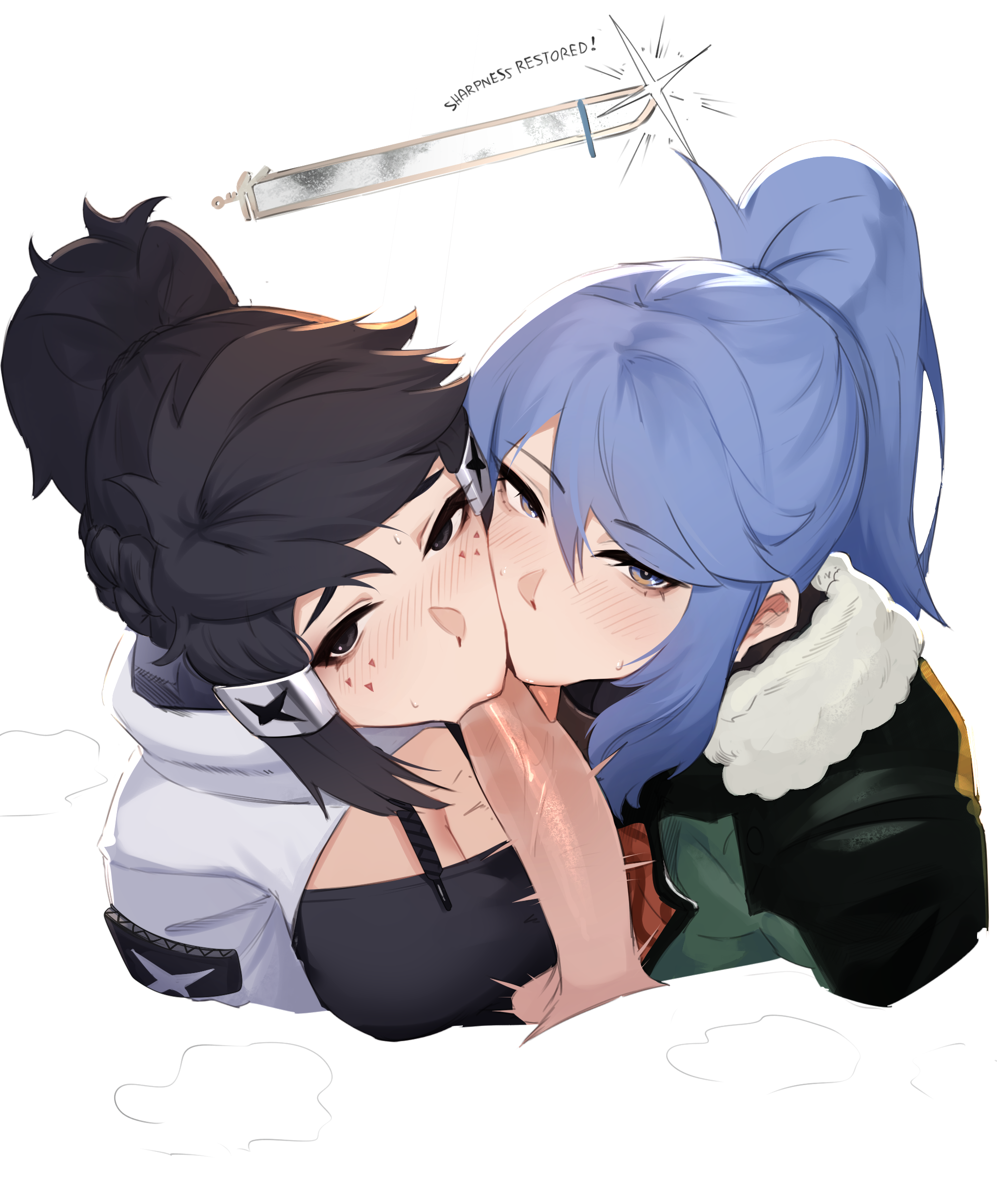 the atko, saki (the atko), monster hunter (series), original, absurdres, bad link, commentary, english commentary, highres, 1boy, 2girls, black eyes, black hair, blue eyes, blue hair, borrowed character, breasts, cleavage, cooperative fellatio, english text, facial mark, fellatio, fur-trimmed jacket, fur trim, hair tubes, hetero, jacket, large breasts, licking, licking penis, long hair, looking at viewer, multiple girls, oral, penis, ponytail, sword, teamwork (sexual), uncensored, weapon, white background