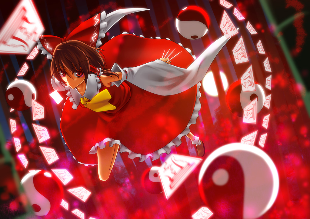 din (artist), din (flypaper), hakurei reimu, imperishable night, touhou, 1girl, bow, brown hair, detached sleeves, female focus, japanese clothes, miko, red eyes, short hair, solo