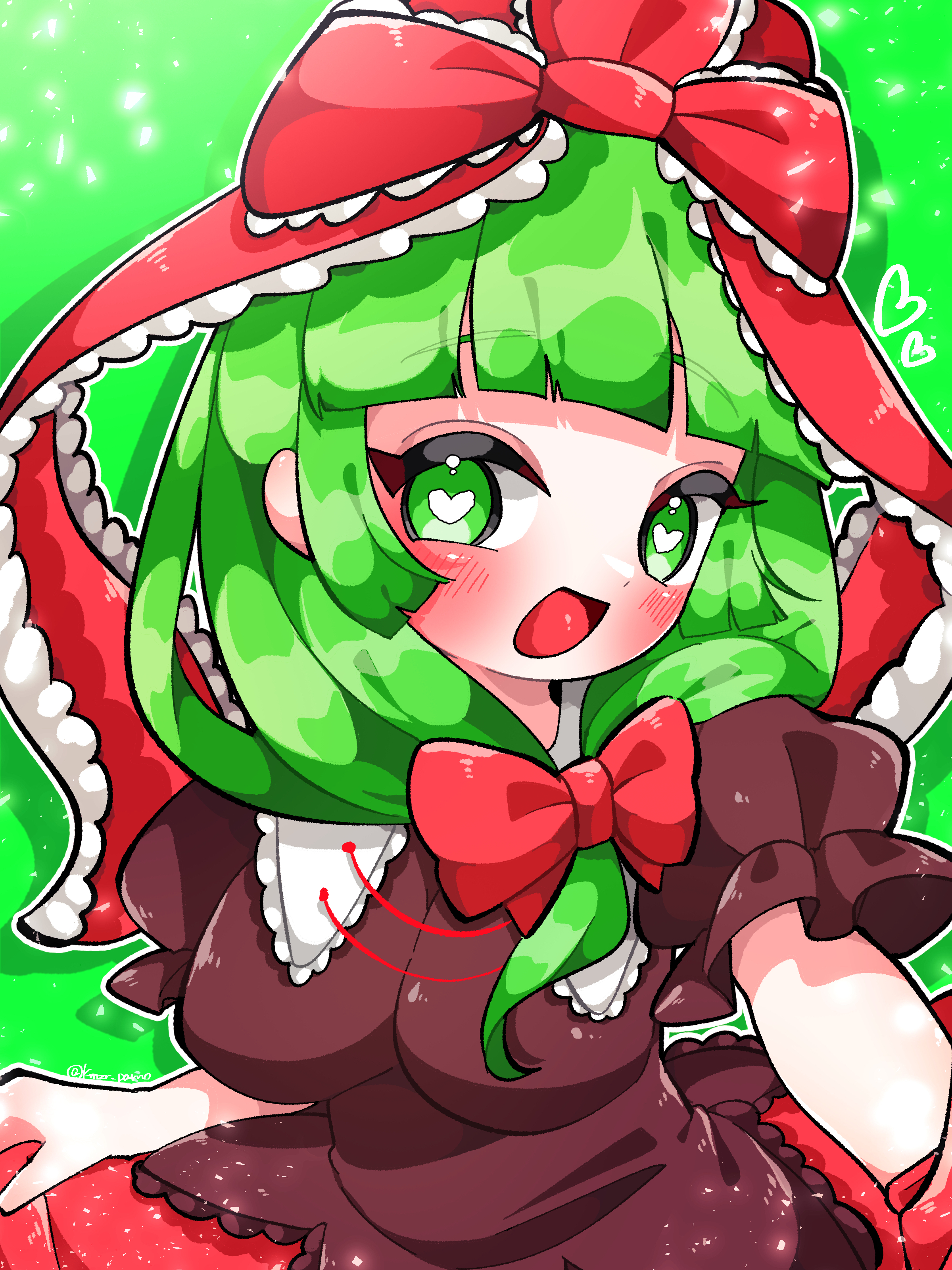 kagiyama hina, touhou, absurdres, commentary, highres, 1girl, blush, breasts, dress, front ponytail, green background, green eyes, green hair, hair ribbon, heart, heart-shaped pupils, komugi zora, long hair, looking at viewer, medium breasts, open mouth, puffy short sleeves, puffy sleeves, red dress, red ribbon, ribbon, short sleeves, solo, symbol-shaped pupils, upper body