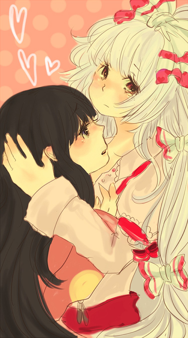 chiri (o9o9), fujiwara no mokou, houraisan kaguya, touhou, silver hair, 2girls, black hair, blush, female focus, hair ribbon, heart, looking up, multiple girls, open clothes, open shirt, red eyes, ribbon, shirt, yuri