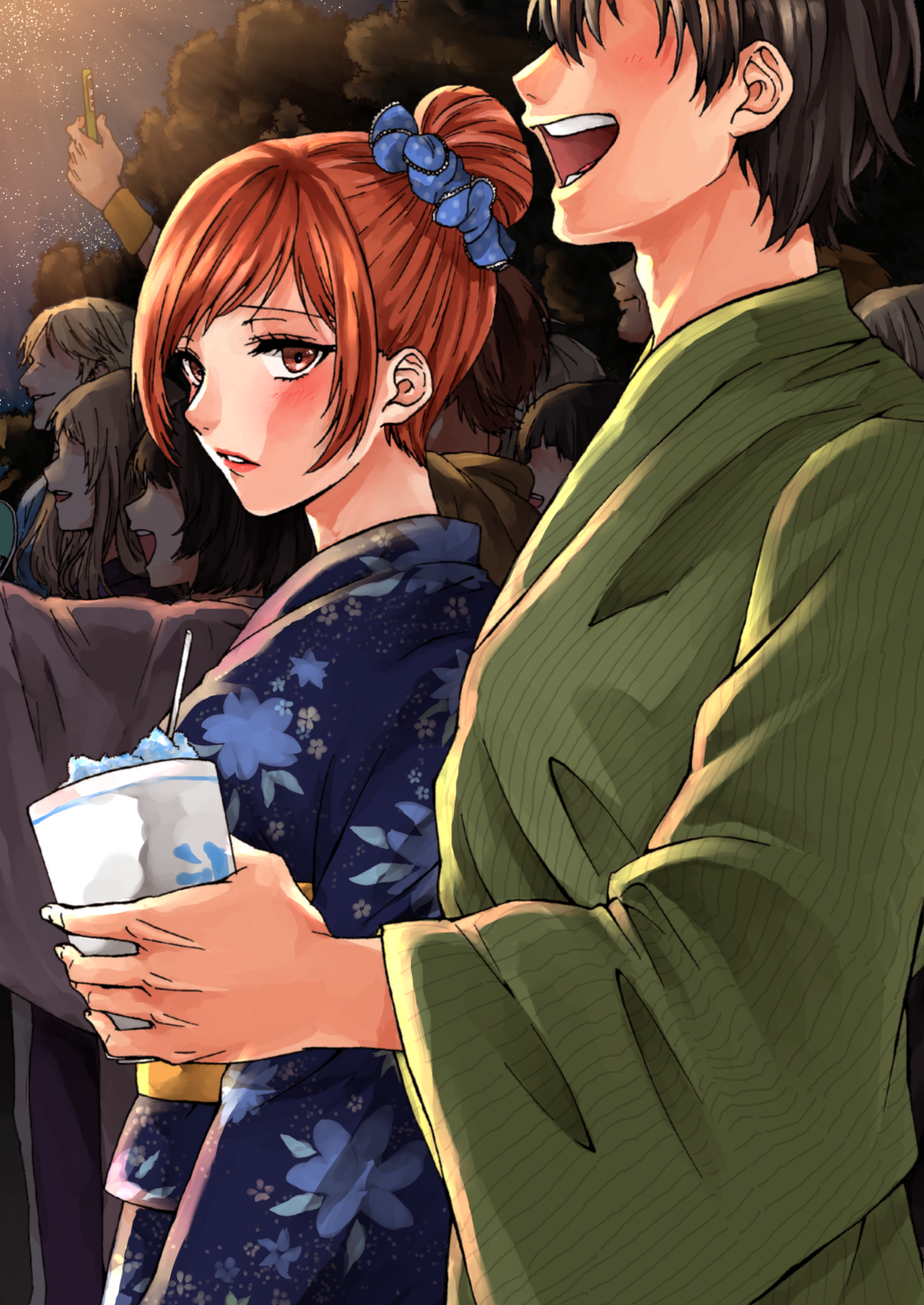 original, commentary request, highres, black hair, blue kimono, blush, brown eyes, brown hair, cellphone, cup, faceless, faceless female, faceless male, food, hair bun, hair ornament, hair scrunchie, holding, holding cup, holding phone, japanese clothes, kimono, light blush, open mouth, parted lips, phone, red lips, scrunchie, shaved ice, single hair bun, smartphone, smile, taking picture, tohyama shage, yukata