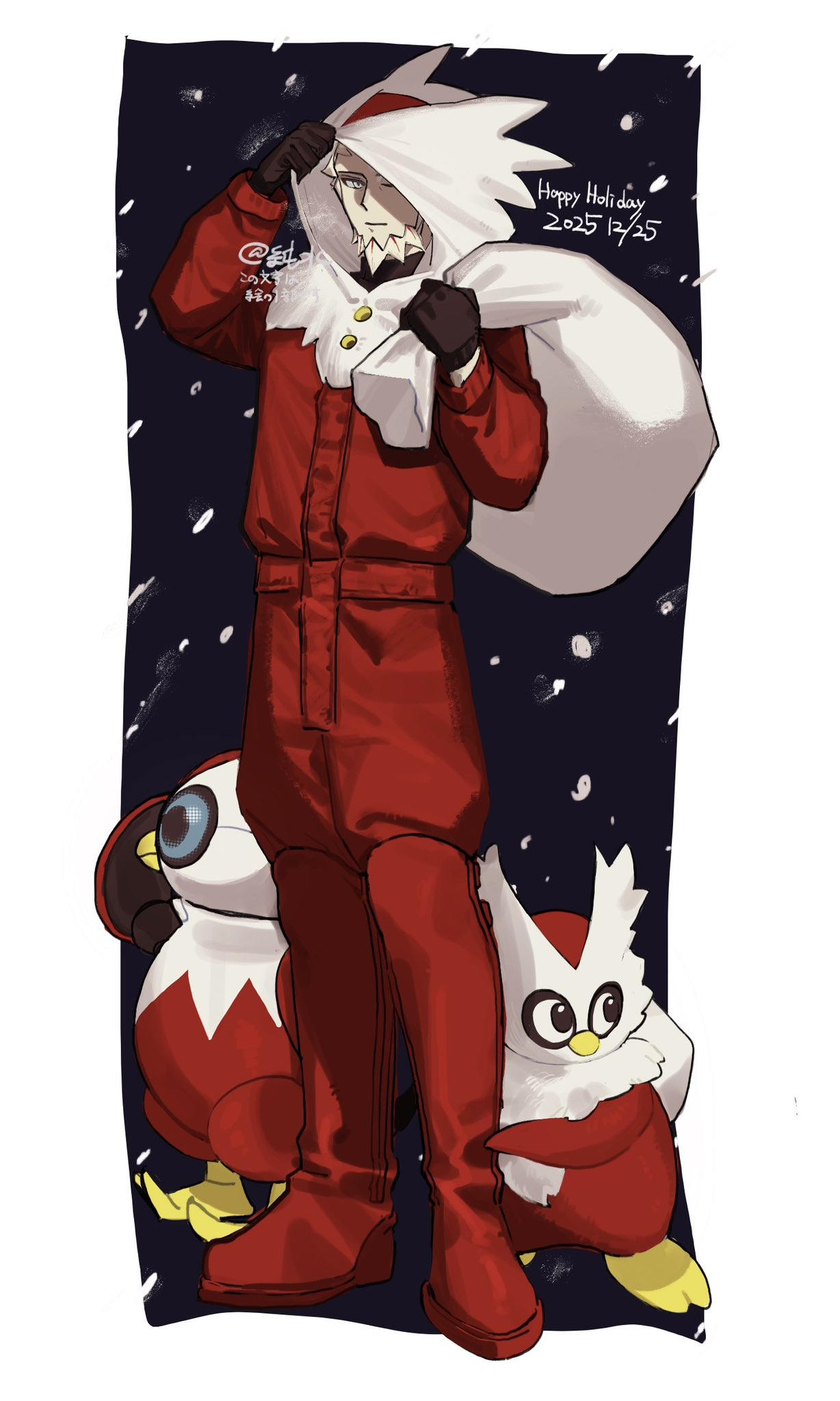 junnsui05 3939, delibird, iron bundle, lysandre (pokemon), nintendo, pokemon, pokemon legends: z-a, commentary request, highres, 1boy, arms up, beard, black gloves, boots, character hood, closed mouth, coat, dated, english text, facial hair, full body, gen 2 pokemon, gloves, grey eyes, happy holidays, holding, holding another's leg, holding sack, hood, hood up, long sleeves, male focus, one eye closed, pants, pokemon (creature), red boots, red coat, red pants, sack, smile, snowing, solo, standing